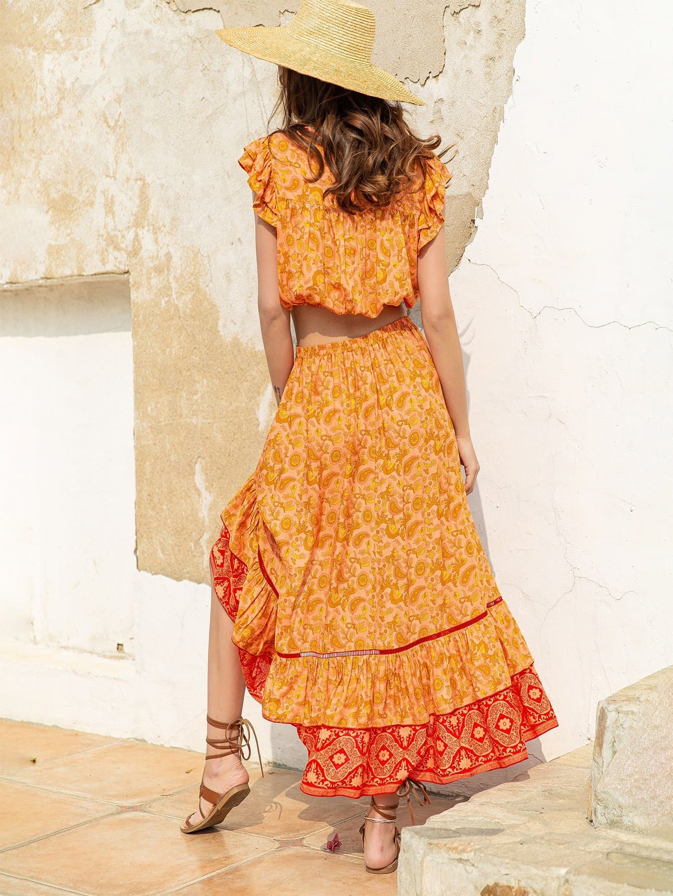 Mustard Yellow Round Neck Layered Ruffle Trim Floral Top and Skirt Set