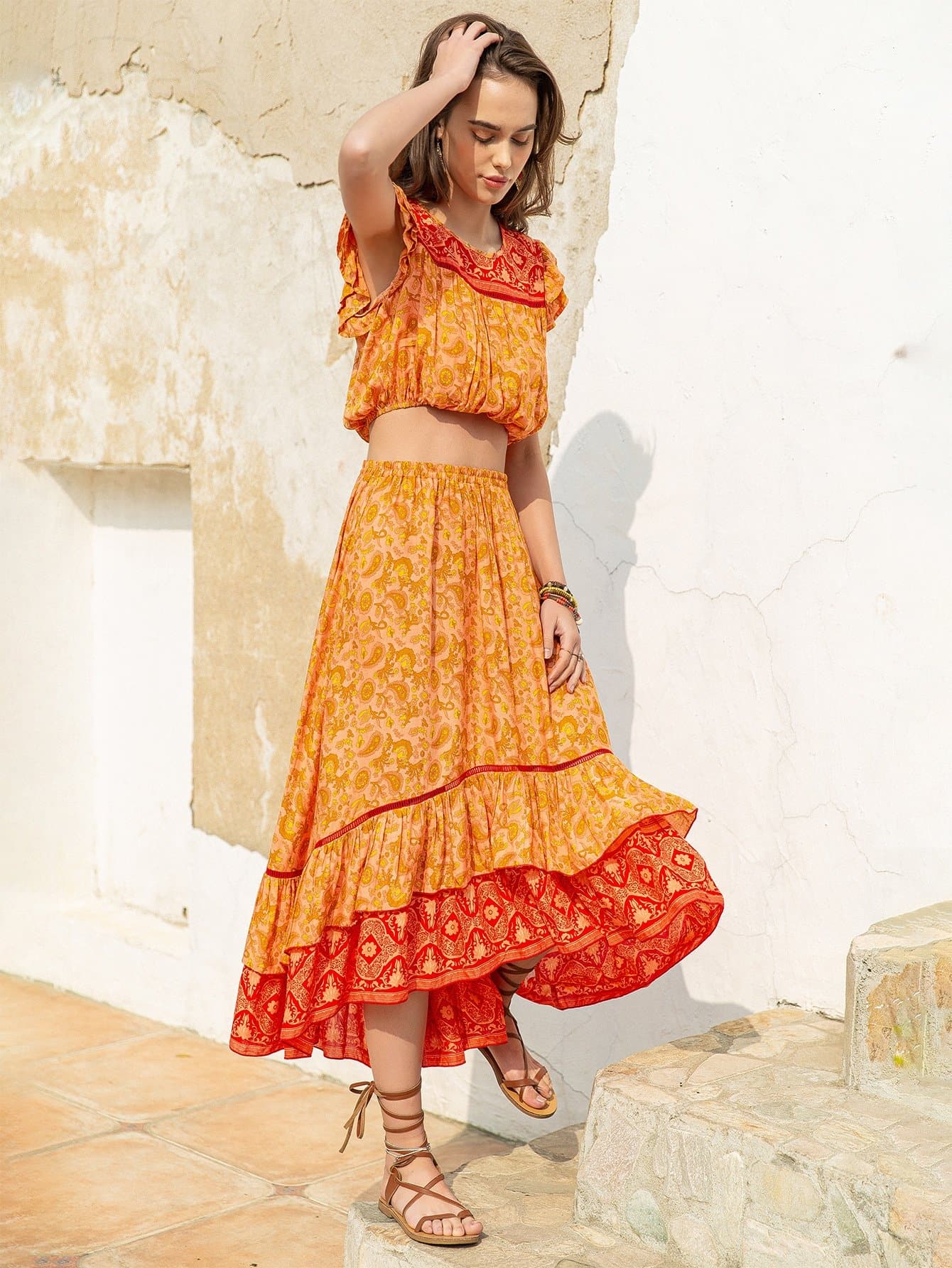 Mustard Yellow Round Neck Layered Ruffle Trim Floral Top and Skirt Set