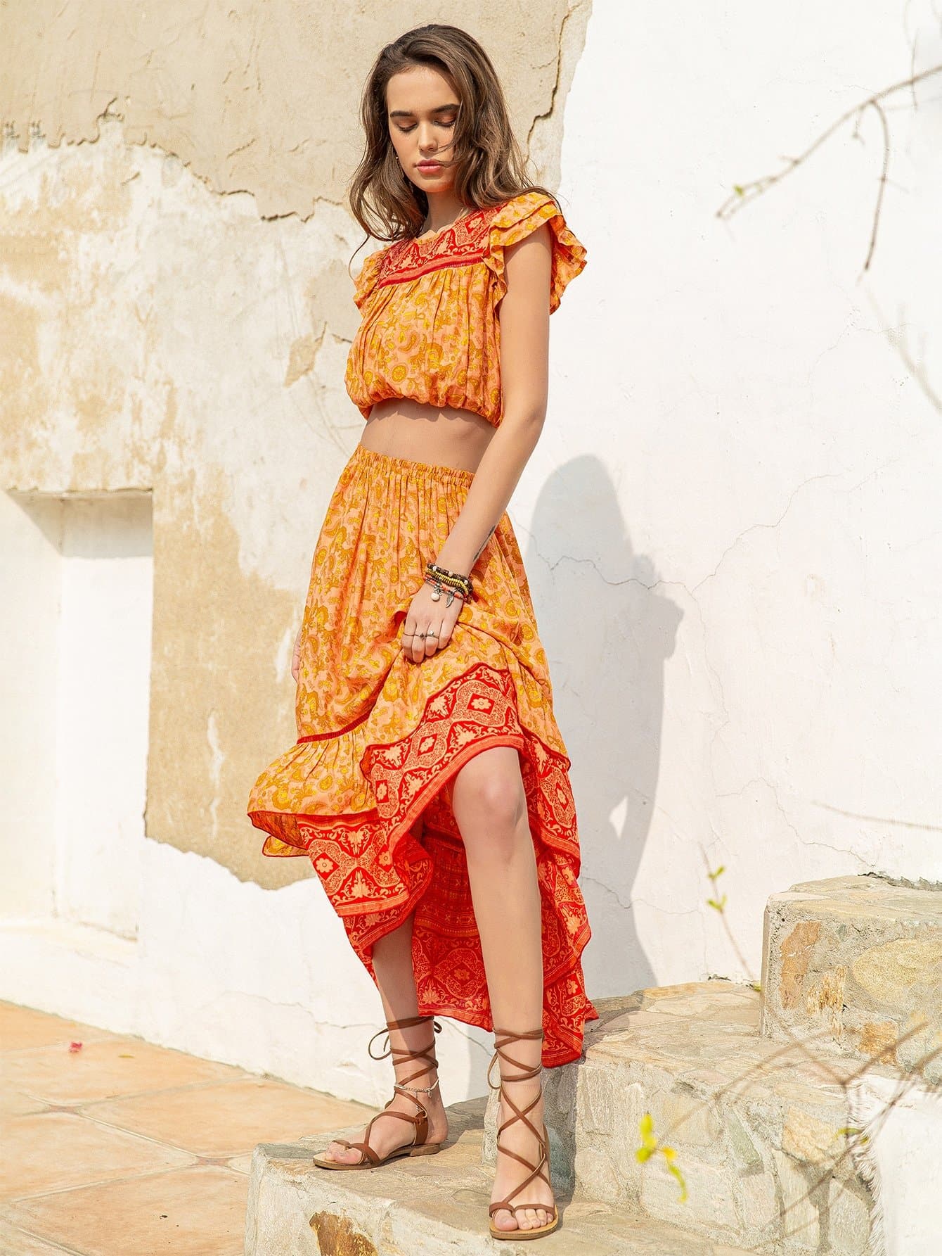 Mustard Yellow Round Neck Layered Ruffle Trim Floral Top and Skirt Set