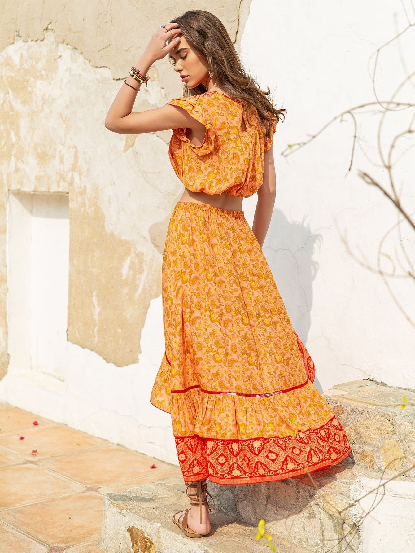 Mustard Yellow Round Neck Layered Ruffle Trim Floral Top and Skirt Set