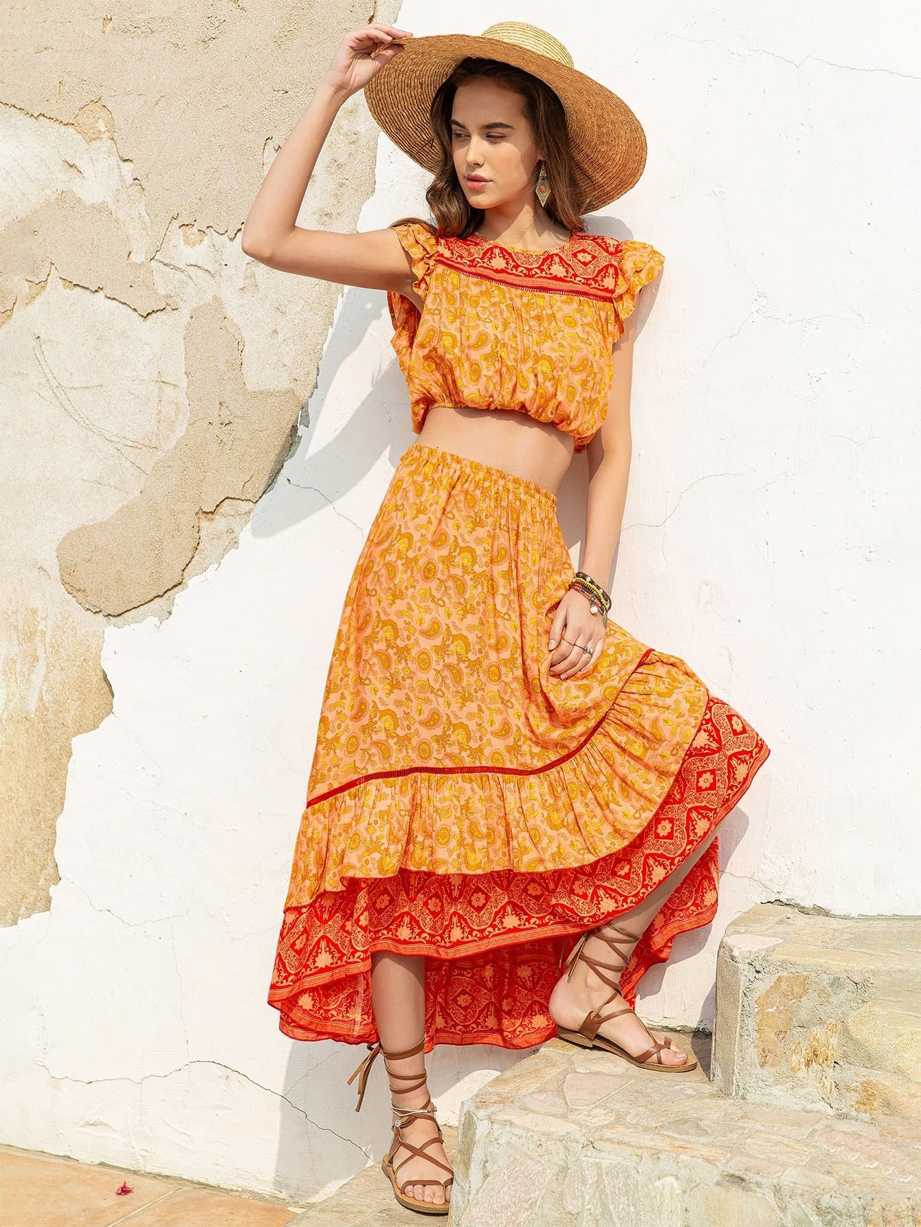 Mustard Yellow Round Neck Layered Ruffle Trim Floral Top and Skirt Set