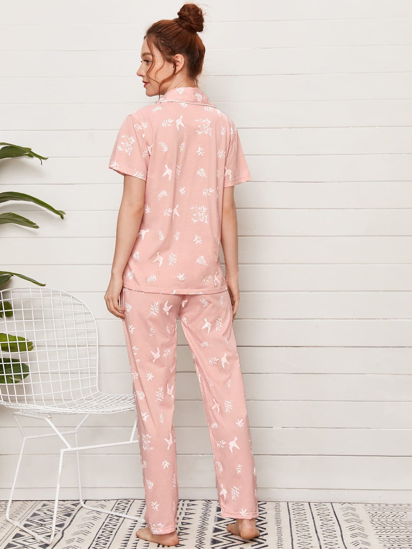 Pink All Over Print Contrast Binding Button Up Pyjama Sleepwear Set