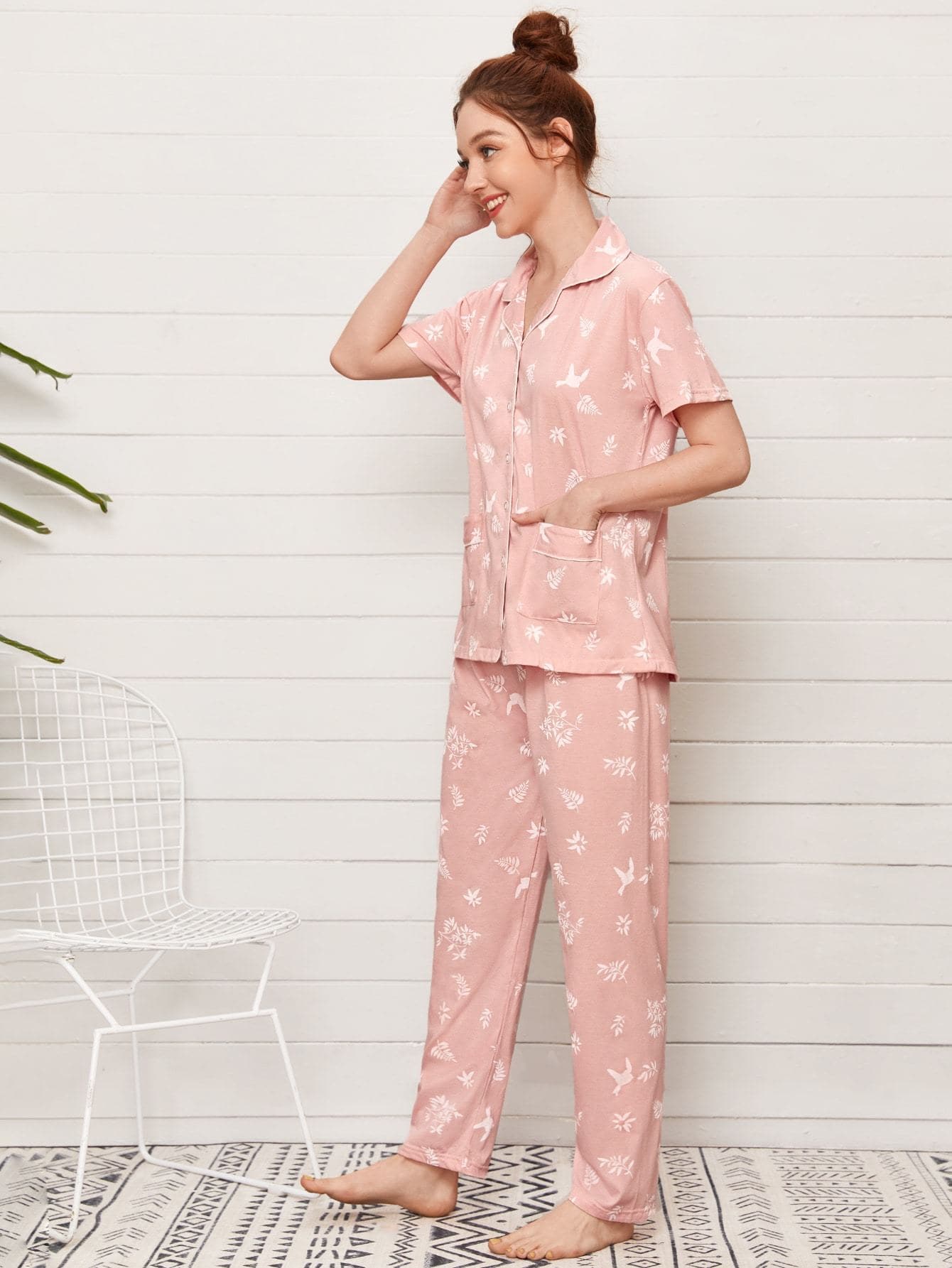 Pink All Over Print Contrast Binding Button Up Pyjama Sleepwear Set