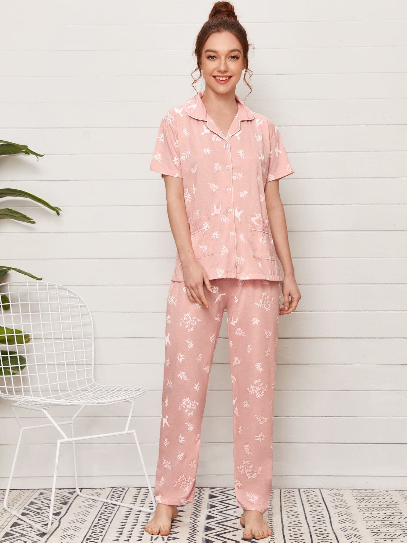 Pink All Over Print Contrast Binding Button Up Pyjama Sleepwear Set