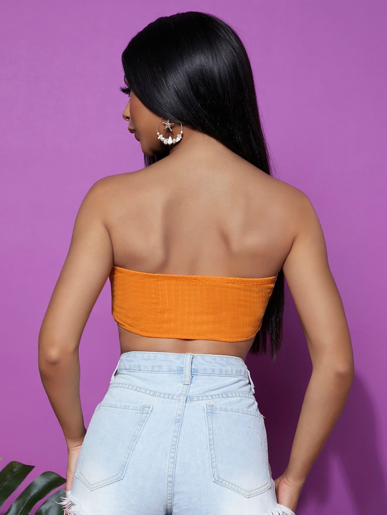 Orange Asymmetrical Hem Strapless Sleeveless Solid Slim Fit Tube Top