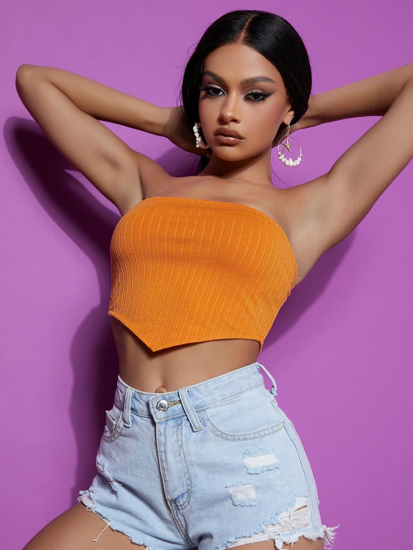 Orange Asymmetrical Hem Strapless Sleeveless Solid Slim Fit Tube Top