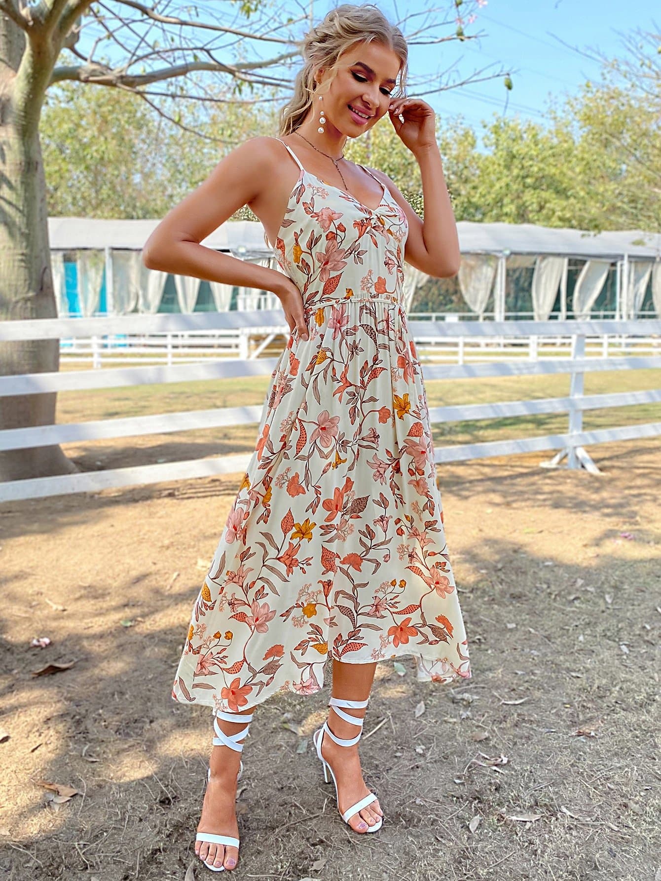 Sleeveless Spaghetti Strap Allover Floral Print Tie Front Cami Dress
