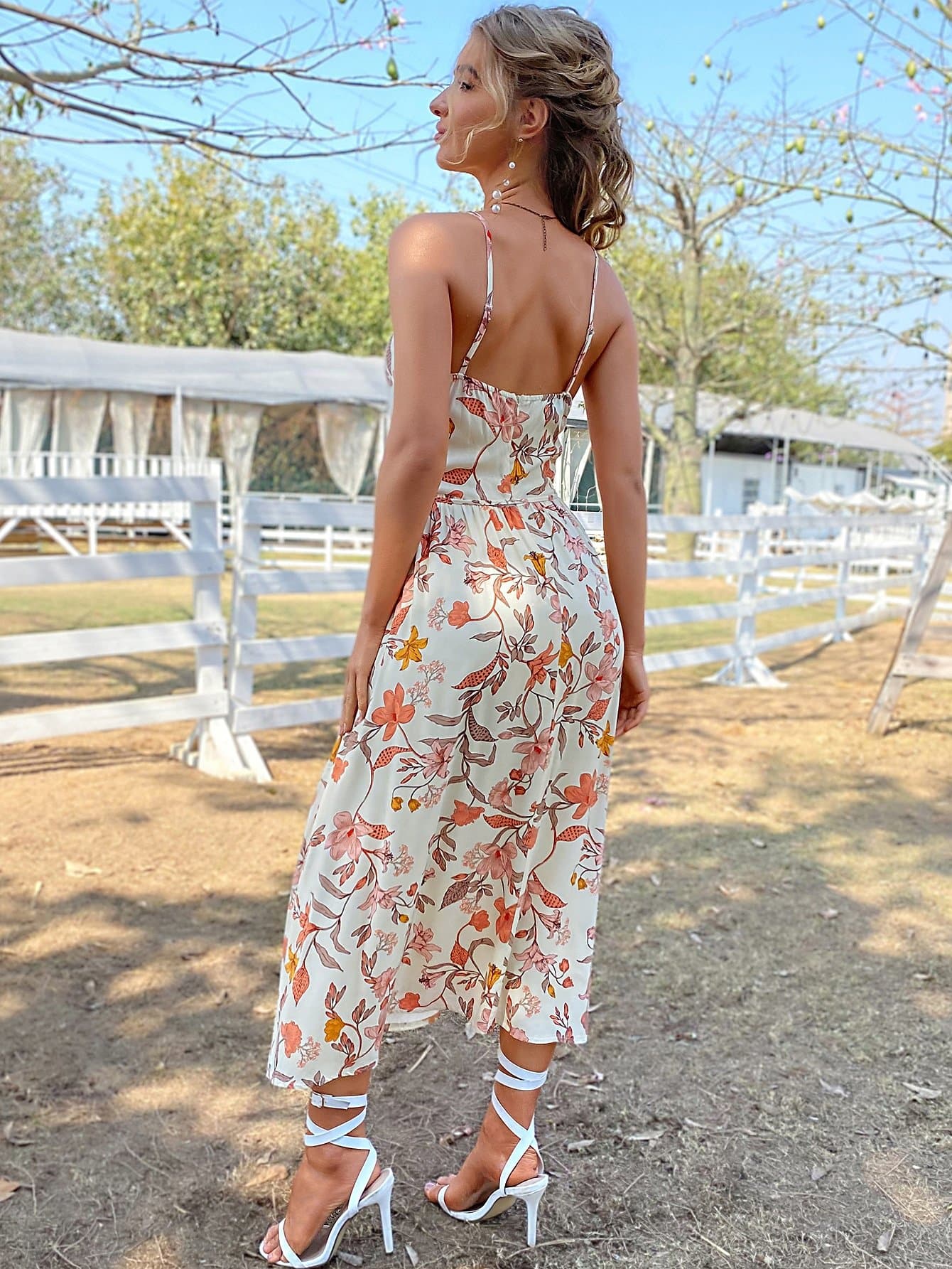 Sleeveless Spaghetti Strap Allover Floral Print Tie Front Cami Dress