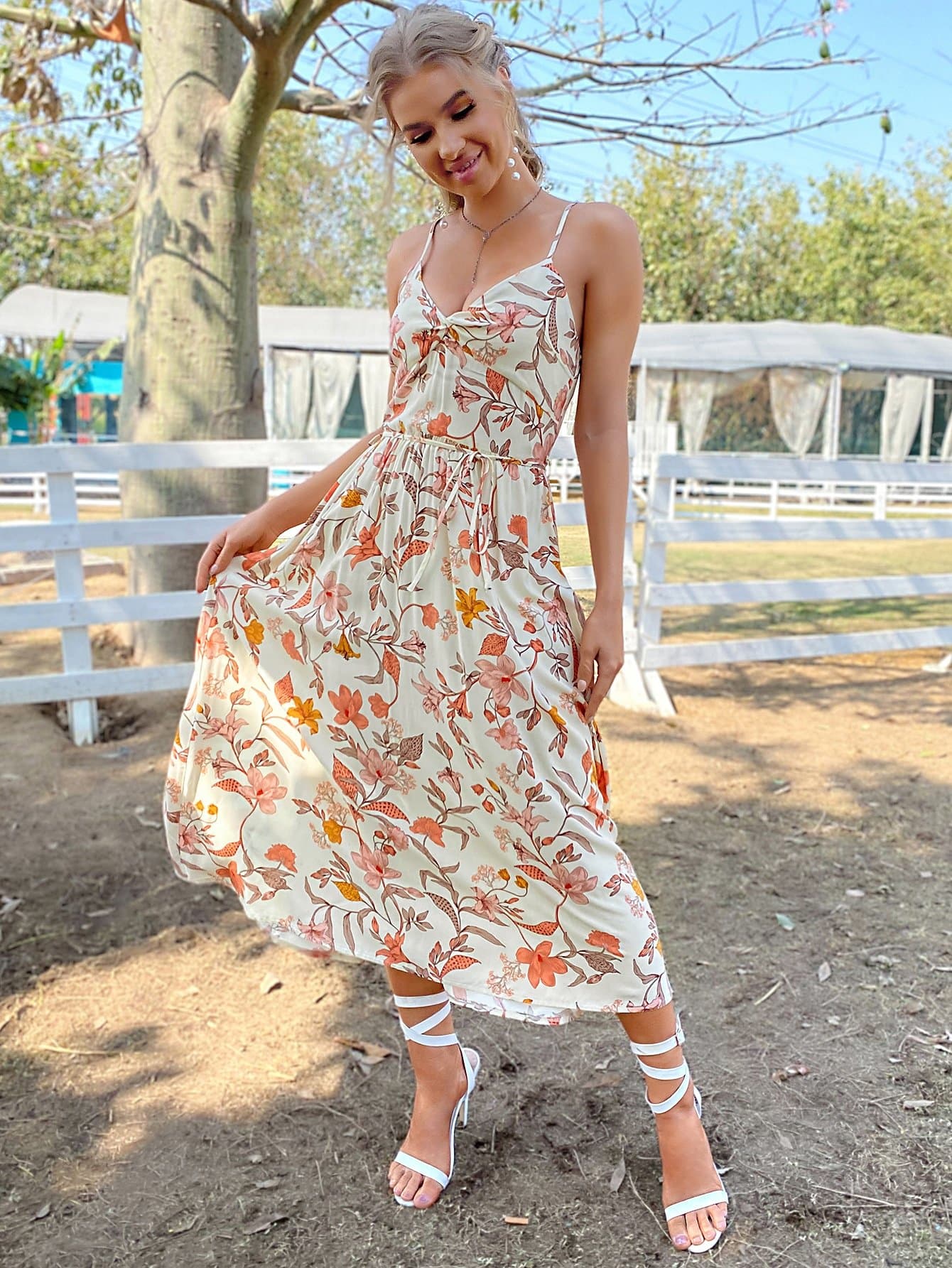 Sleeveless Spaghetti Strap Allover Floral Print Tie Front Cami Dress
