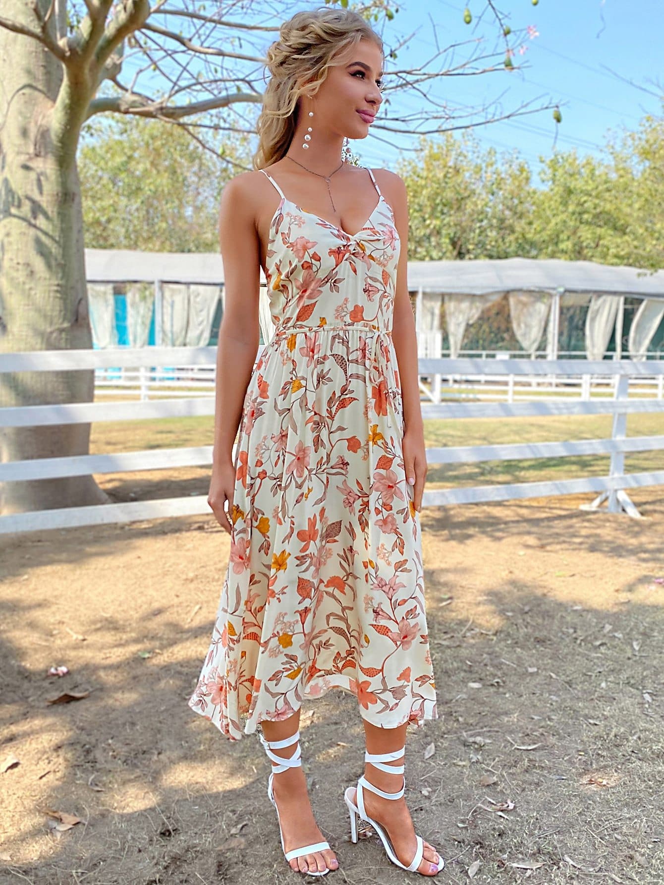 Sleeveless Spaghetti Strap Allover Floral Print Tie Front Cami Dress