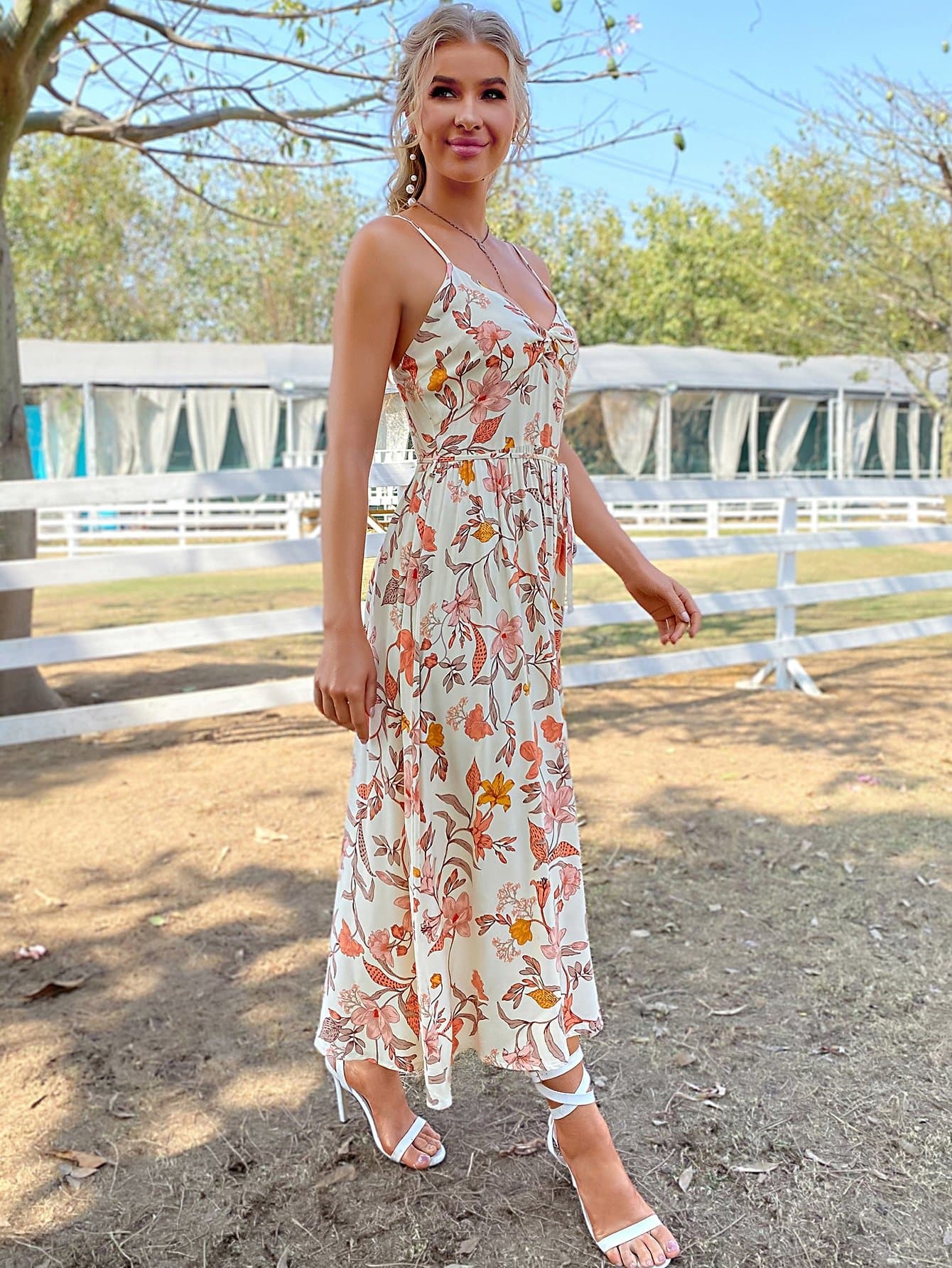 Sleeveless Spaghetti Strap Allover Floral Print Tie Front Cami Dress