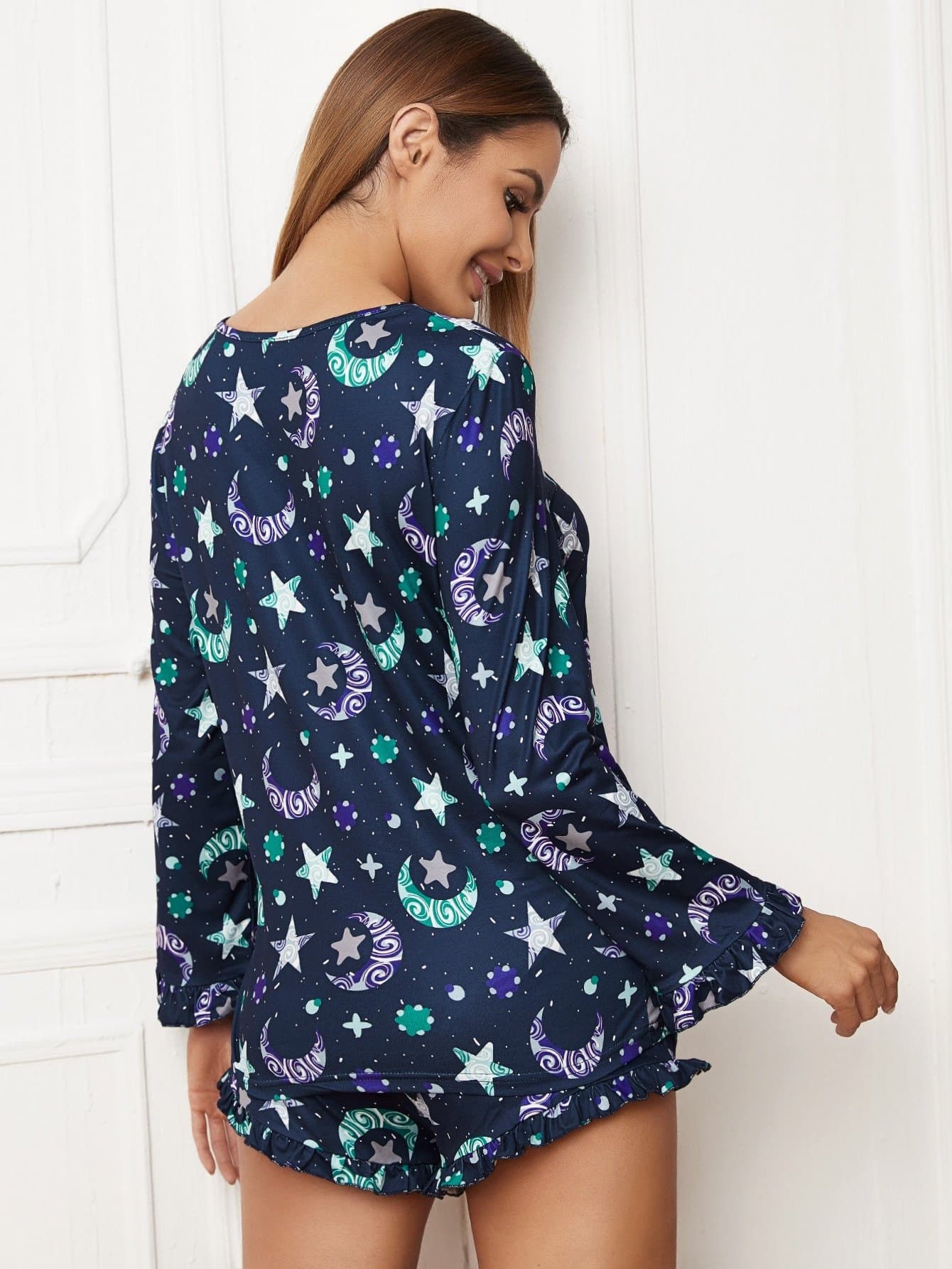 Navy Blue Galaxy Print Flounce Sleeve Pajama Sleepwear Set