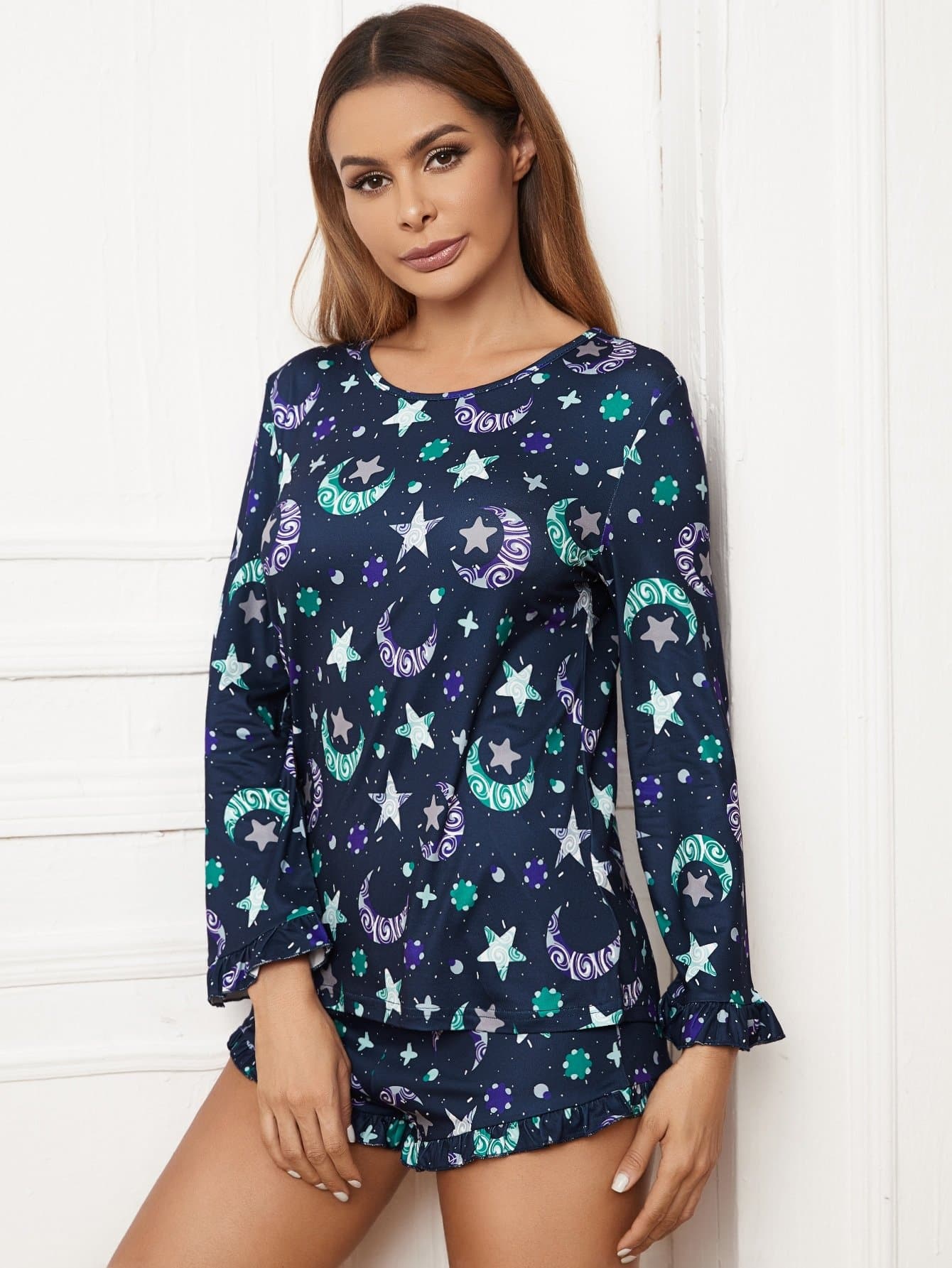 Navy Blue Galaxy Print Flounce Sleeve Pajama Sleepwear Set