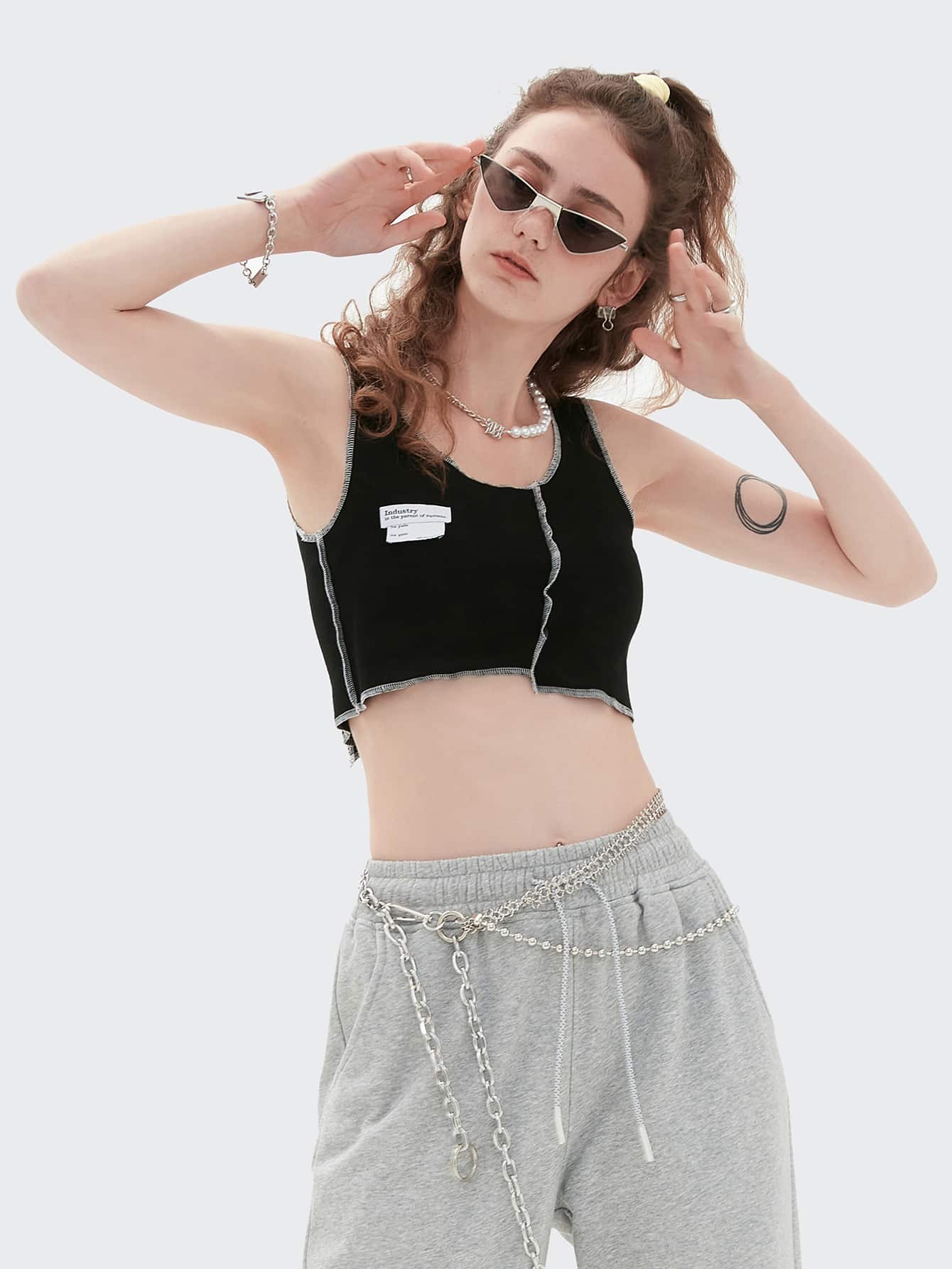 Lettuce Trim Contrast Stitch Patched Detail Crop Tank Top
