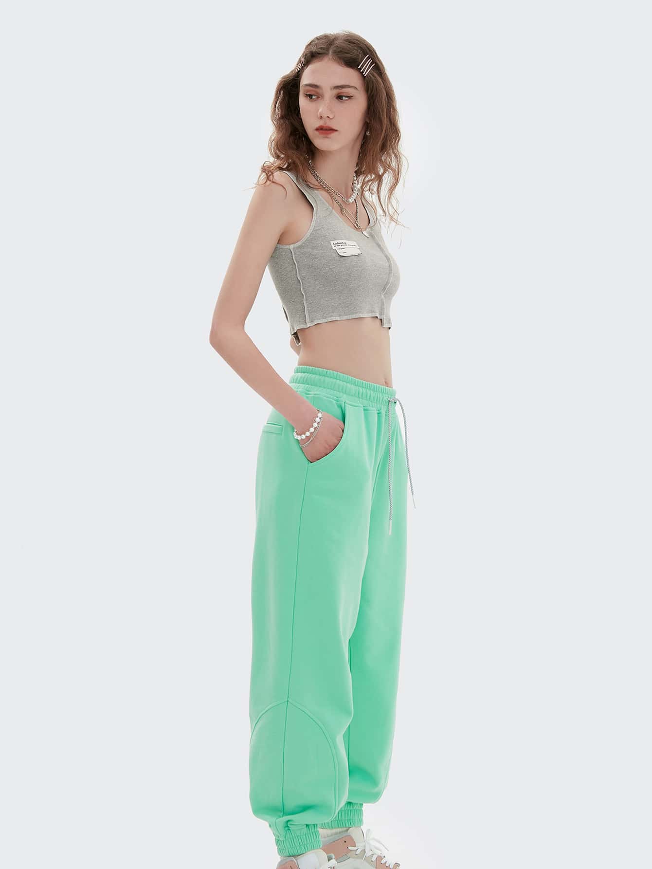 Lettuce Trim Contrast Stitch Patched Detail Crop Tank Top