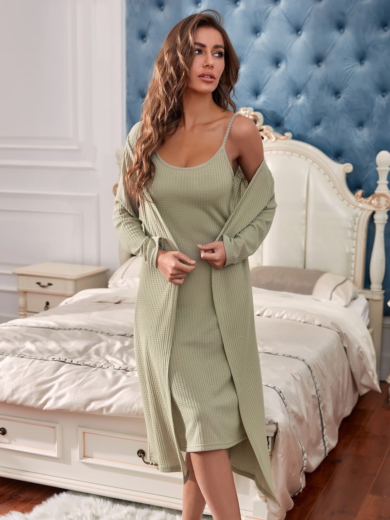 Green Solid Cami Night Dress and Lounge Robe