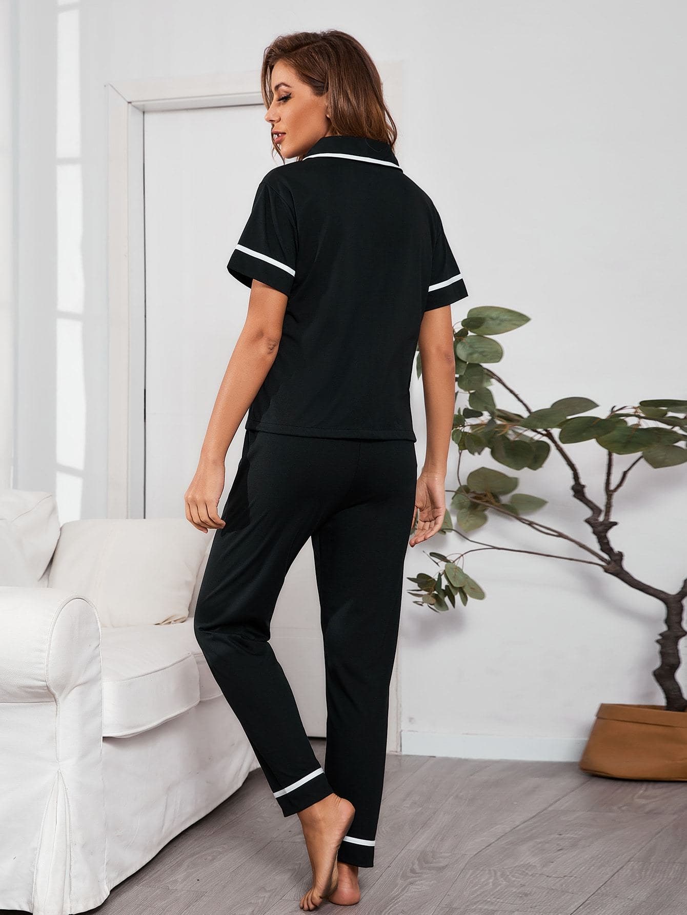 Black Contrast Binding Button Front Pyjama Sleepwear Set