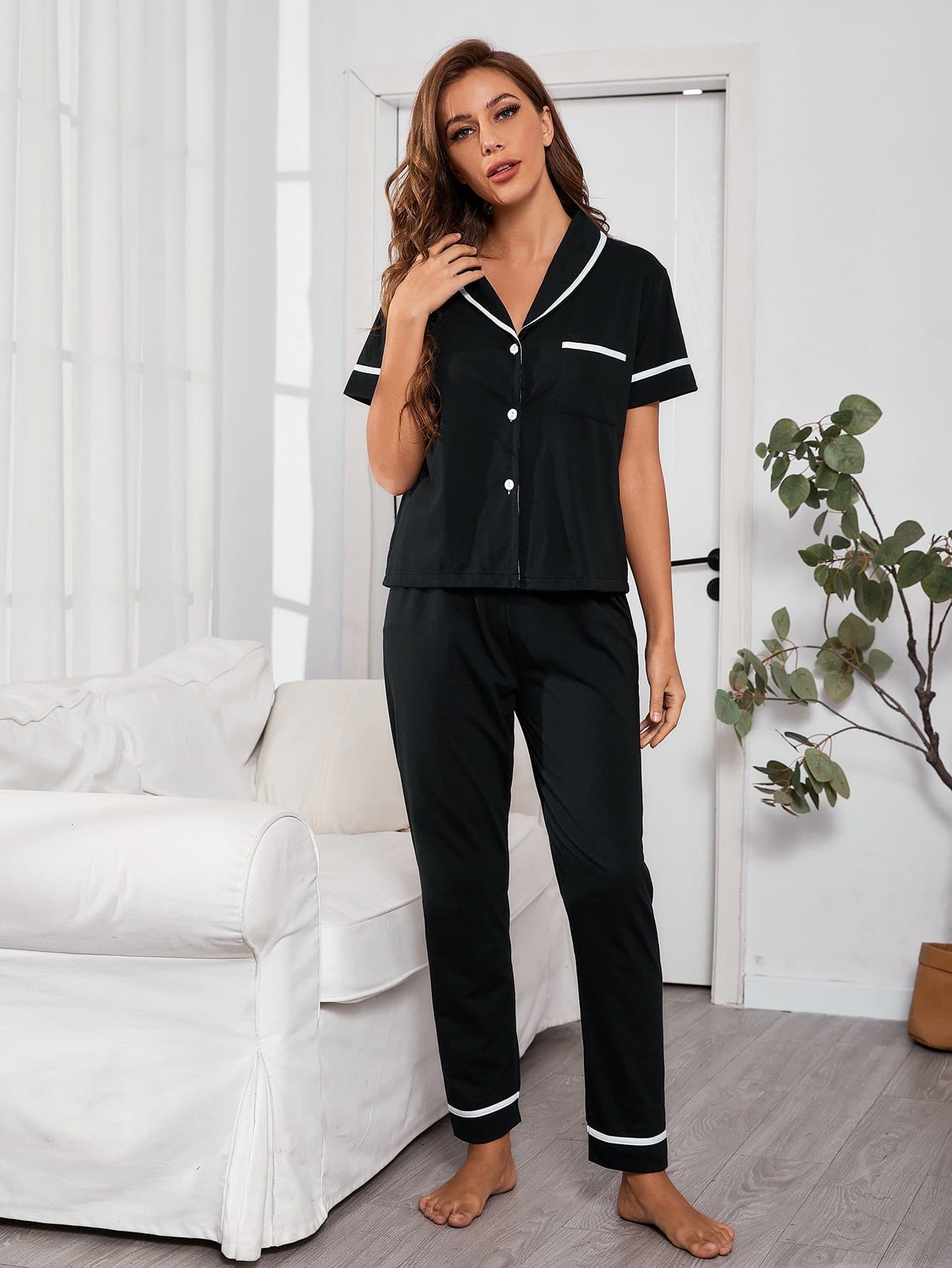 Black Contrast Binding Button Front Pyjama Sleepwear Set