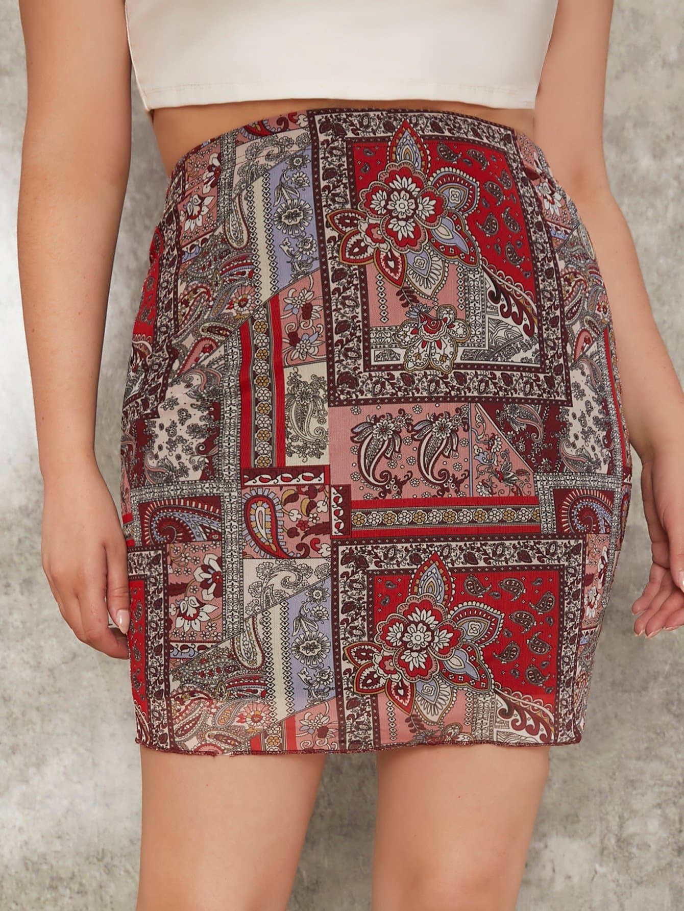 Plus Boho Lettuce Trim Tribal Patchwork Print Skirt