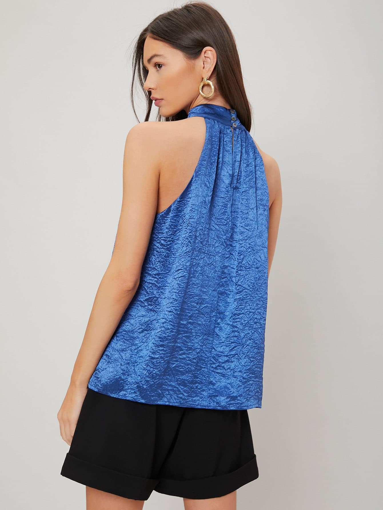 Royal Blue Halter Neck Satin Texture Top