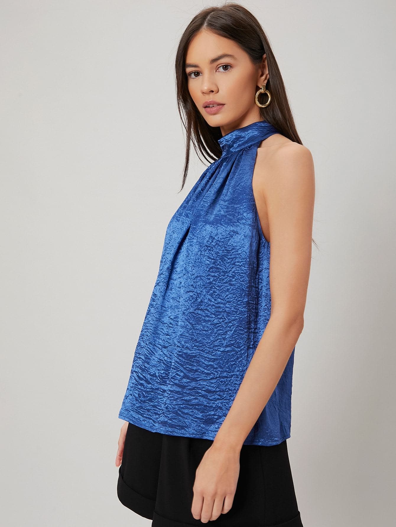 Royal Blue Halter Neck Satin Texture Top