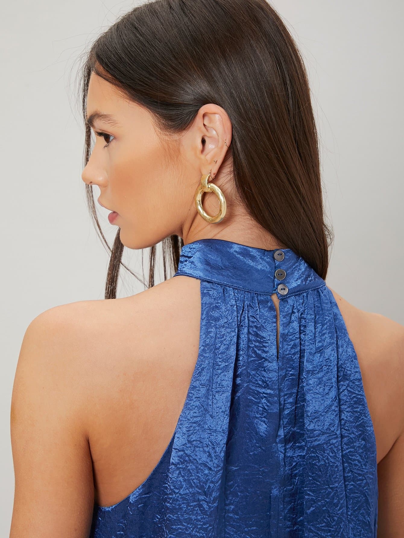 Royal Blue Halter Neck Satin Texture Top