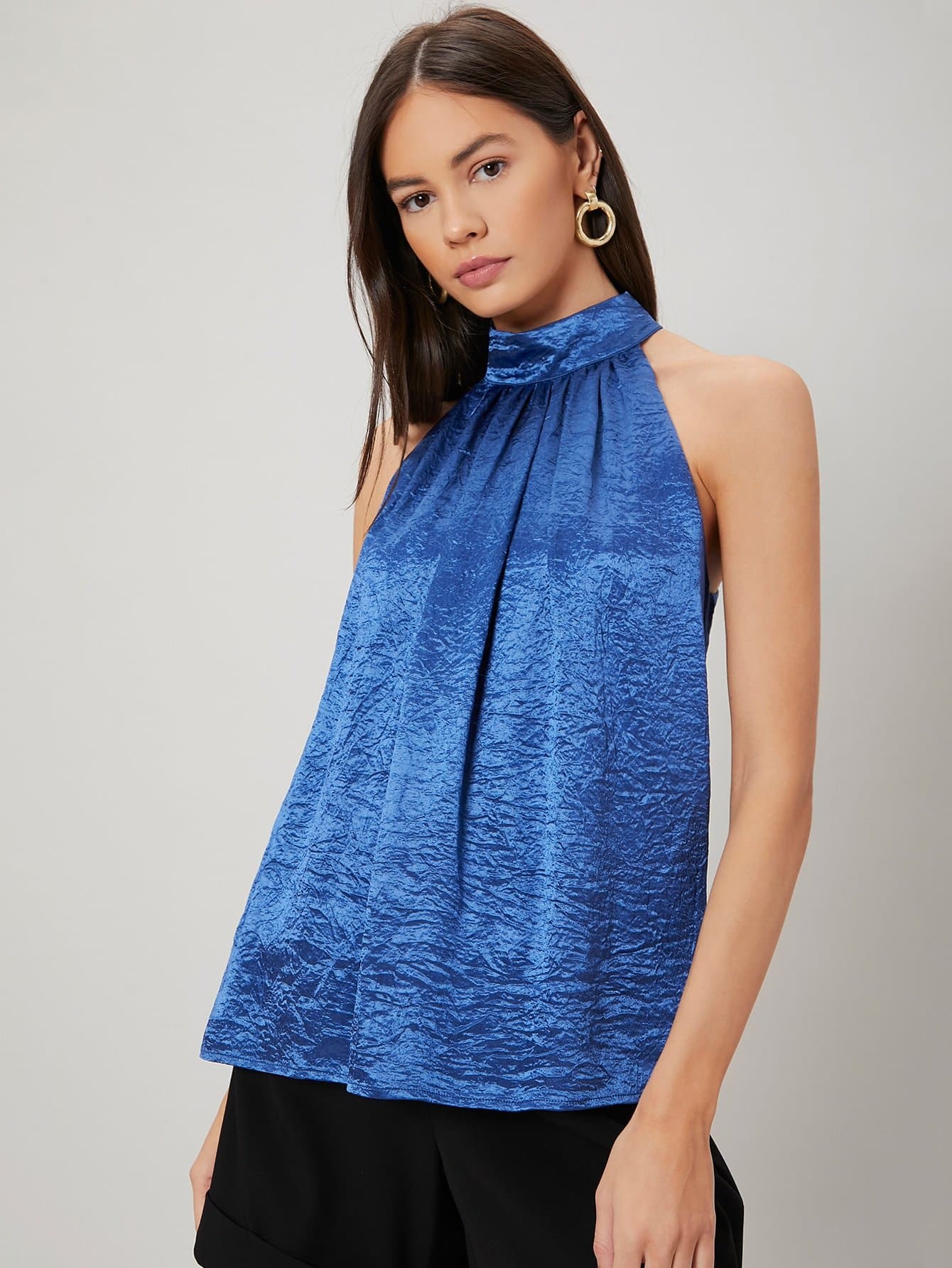 Royal Blue Halter Neck Satin Texture Top