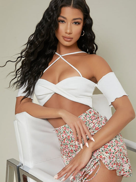 White Cold Shoulder Twisted Lettuce-Edge Strappy Slim Fit Crop Top