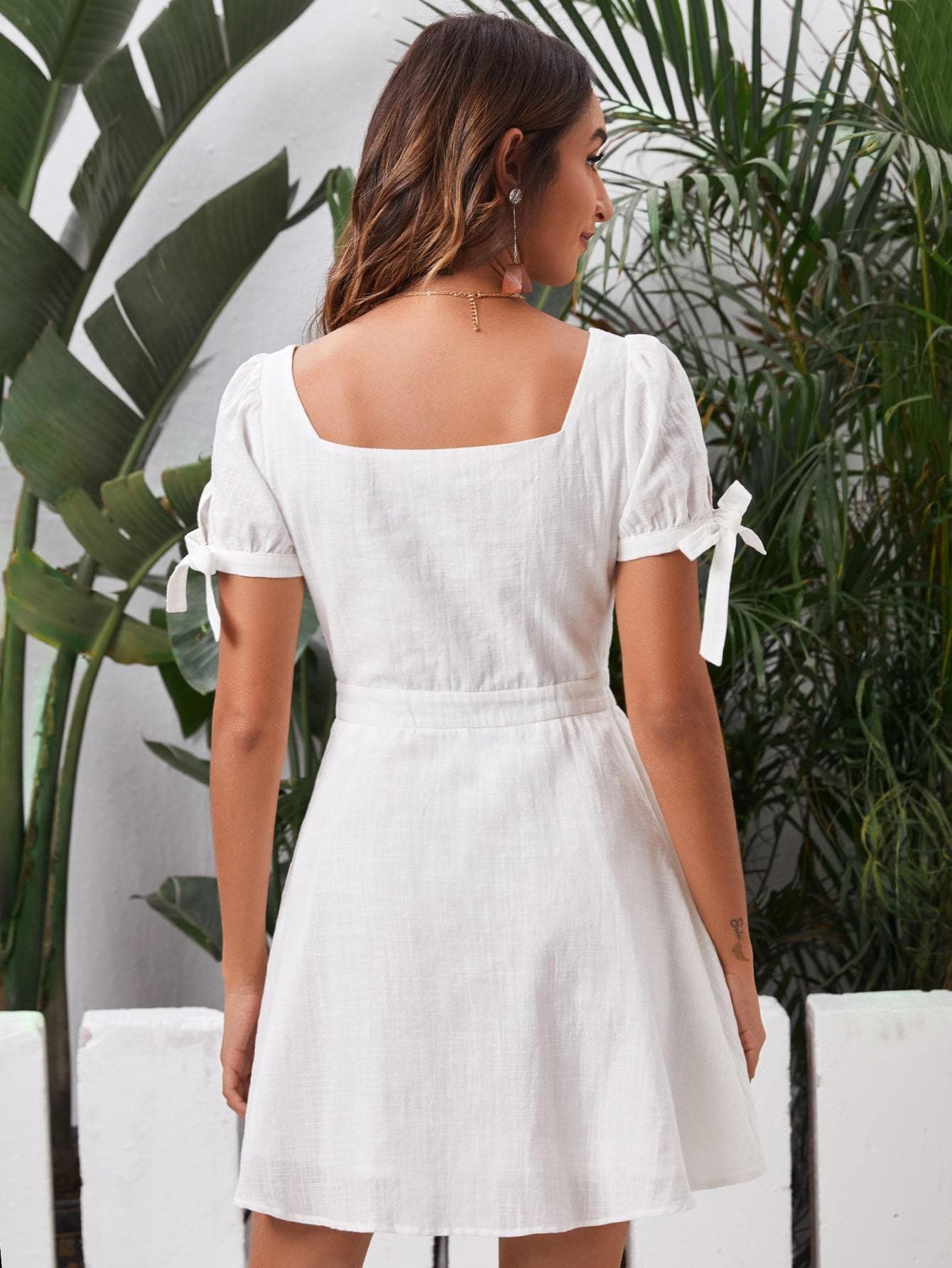 White Square Neck Puff Sleeve Button Front Dress