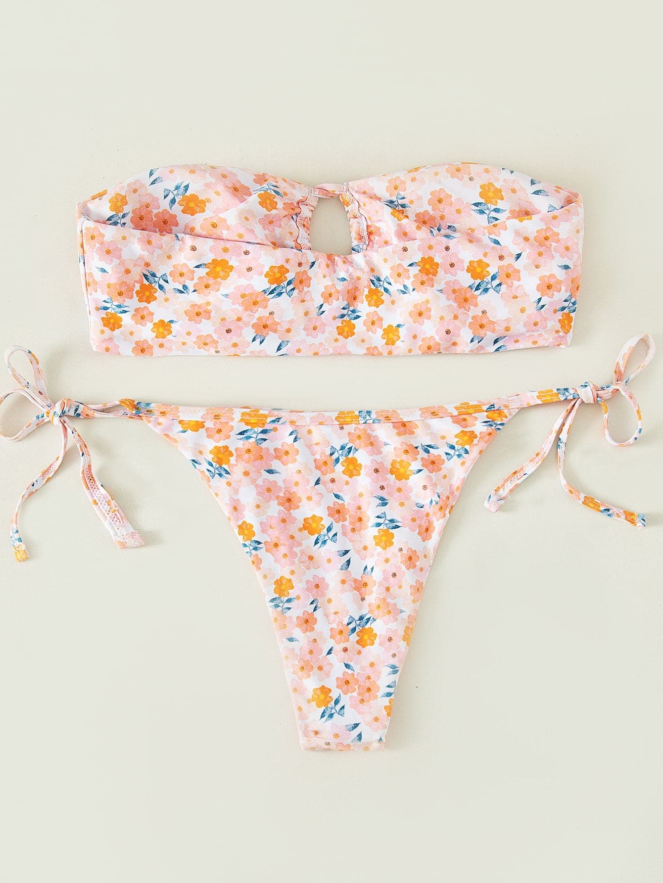 Random Ditsy Floral Bandeau Ruched Bikini Swimsuit