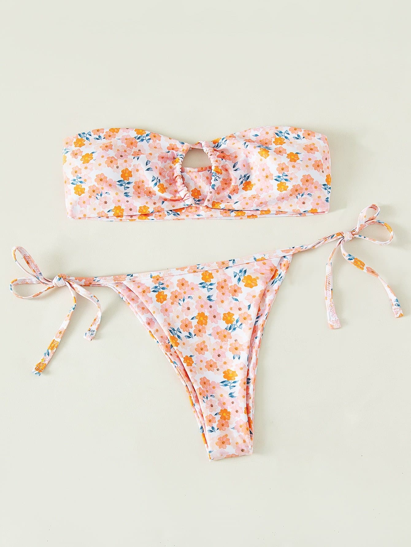 Random Ditsy Floral Bandeau Ruched Bikini Swimsuit
