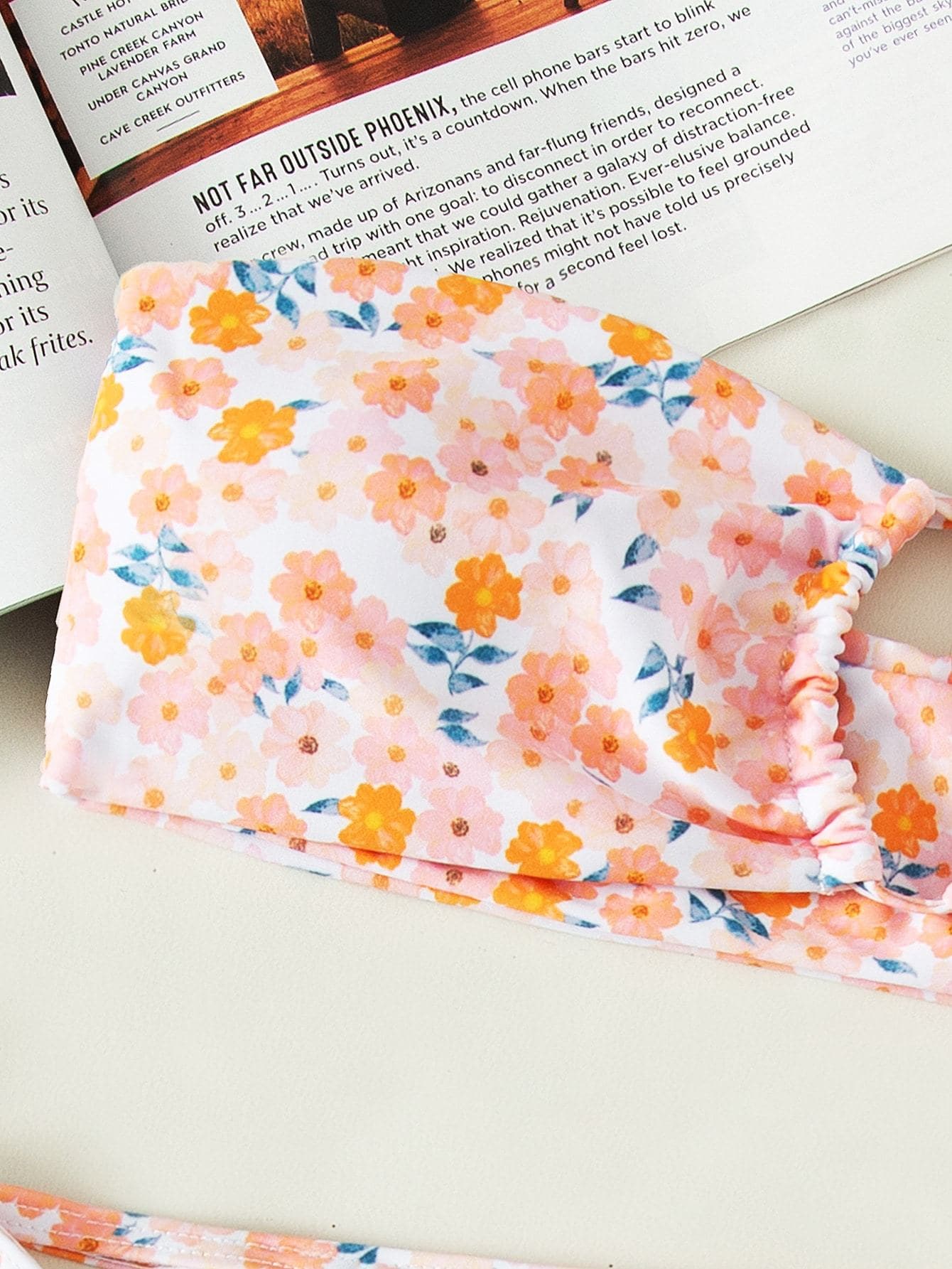 Random Ditsy Floral Bandeau Ruched Bikini Swimsuit