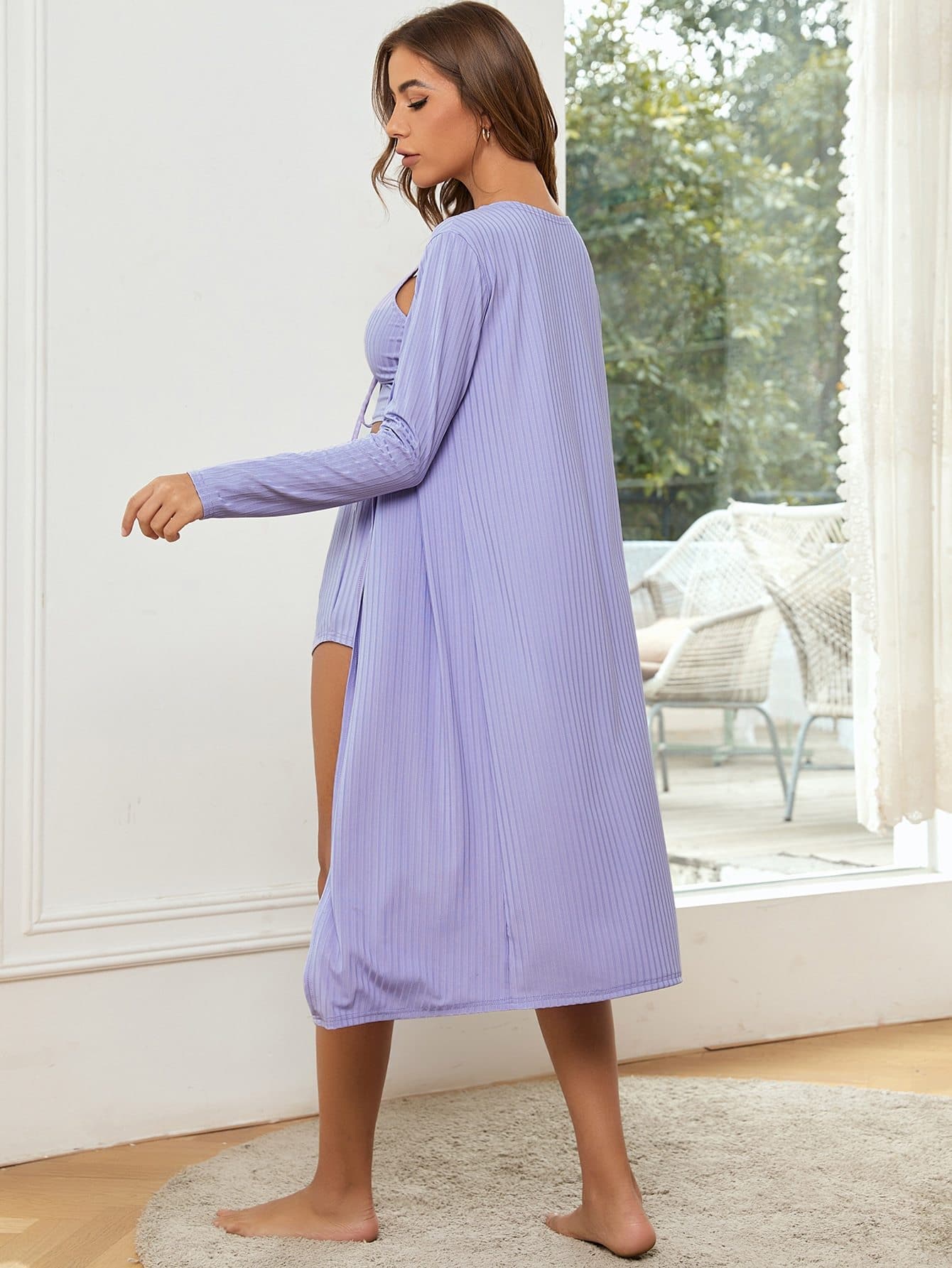 Purple Ruched Knot Cami Top with Shorts & Robe Lounge Sleepwear Set
