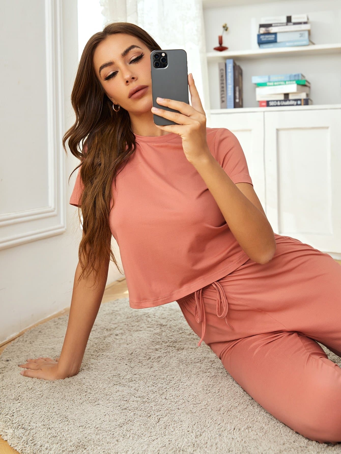 Round Neck Solid Shorts Sleeve Top and Trousers Lounge Sleepwear Set