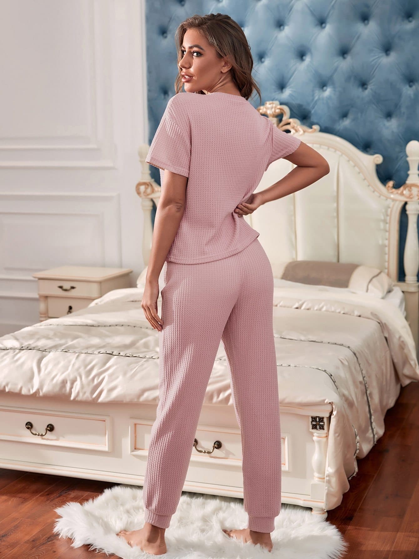 Dusty Pink Round Neck Waffle Knit Solid Lounge Sleepwear Set
