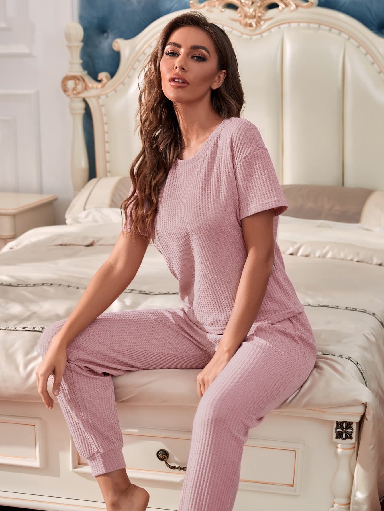Dusty Pink Round Neck Waffle Knit Solid Lounge Sleepwear Set