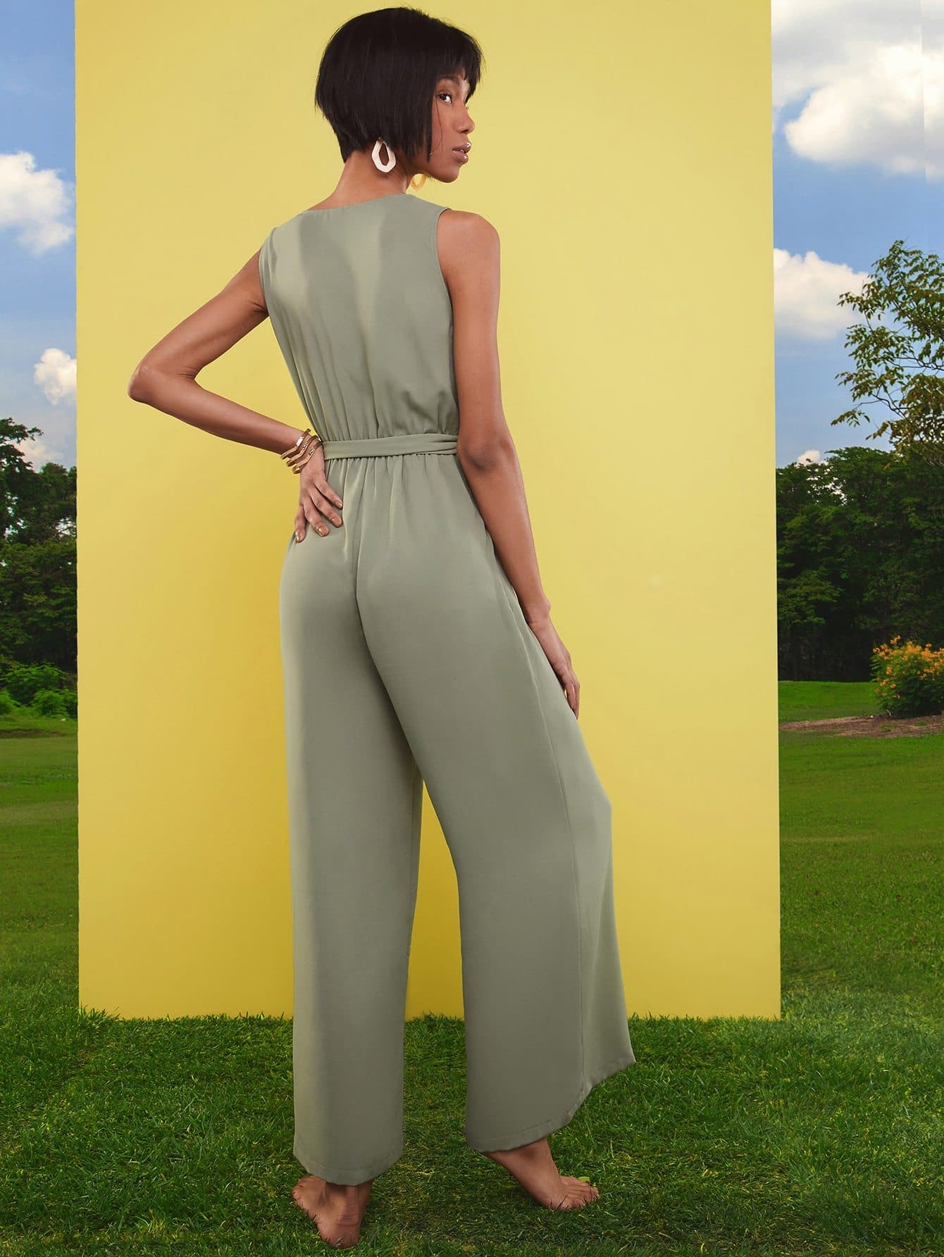 Green Surplice V-Neck Sleeveless Self Belted Wide Leg Jumpsuit