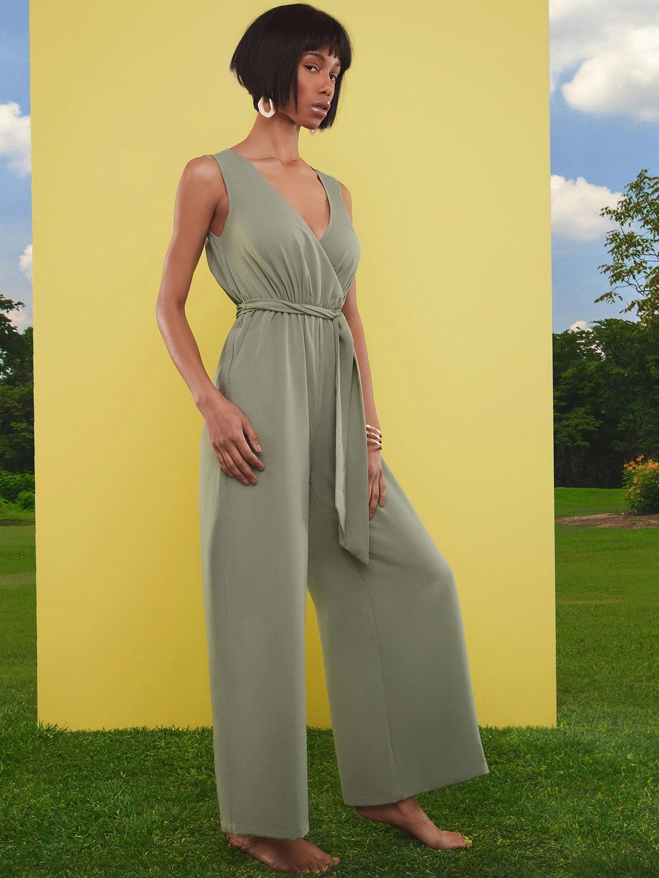 Green Surplice V-Neck Sleeveless Self Belted Wide Leg Jumpsuit