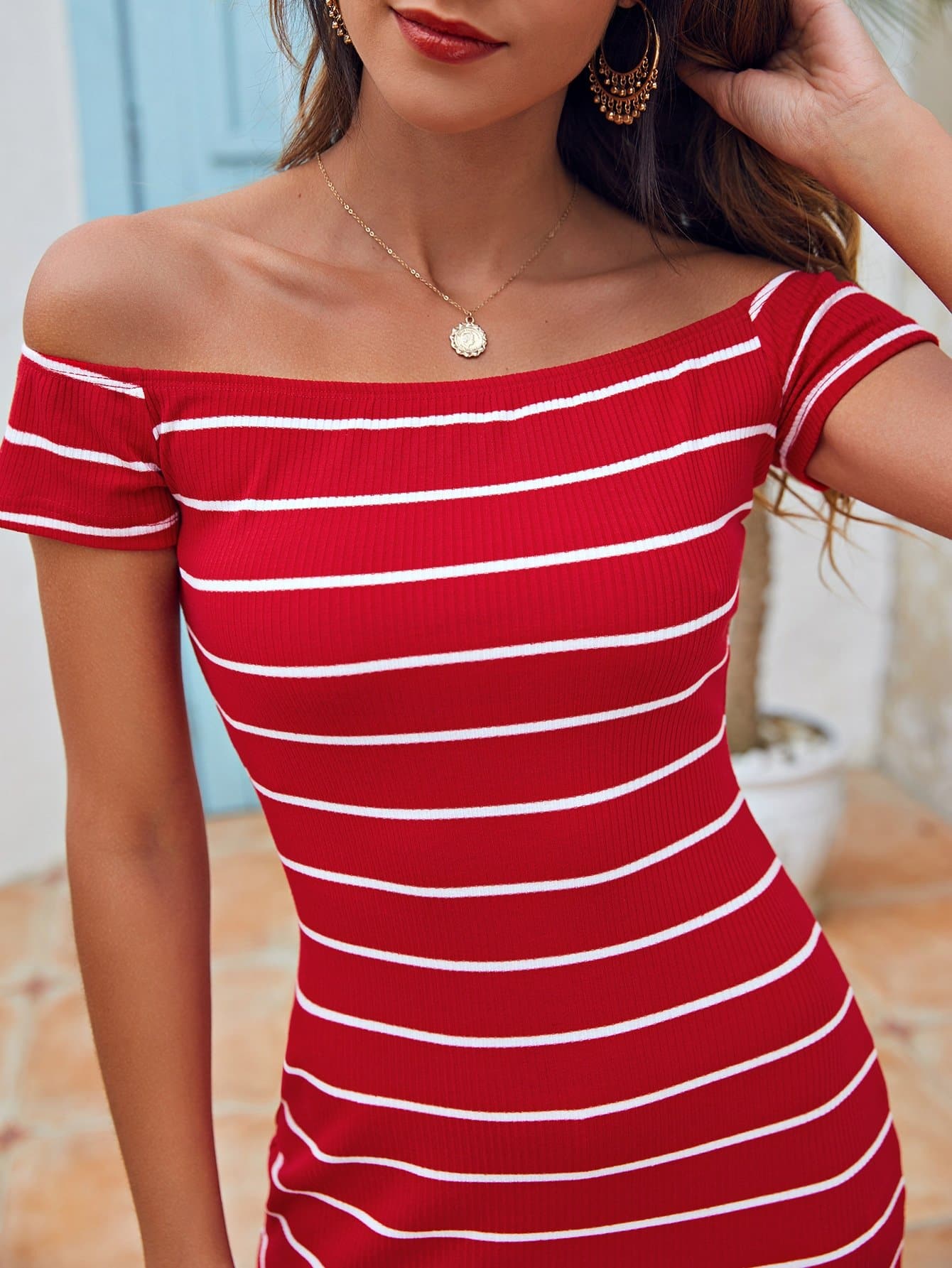 Red Off Shoulder Striped Slim Fit Rib-Knit Dress
