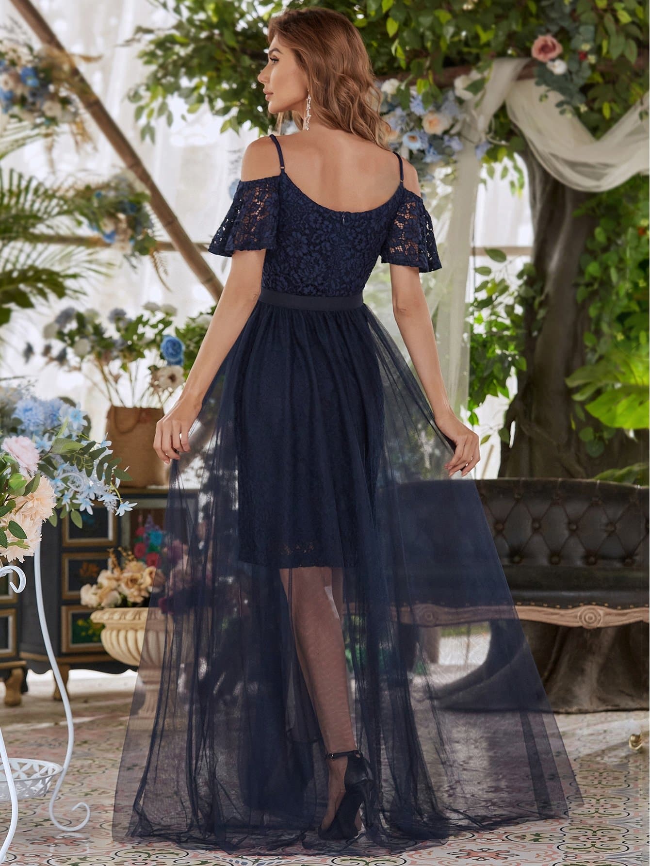Navy Blue Cold Shoulder Flounce Sleeve Lace Bodice Mesh Flare Hem Dress