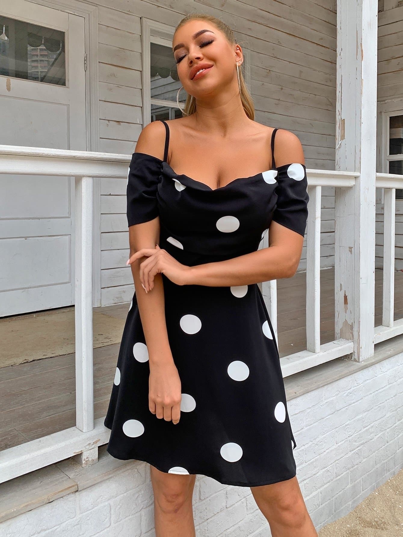 Black Cold Shoulder Polka Dot High Waist Mini Dress