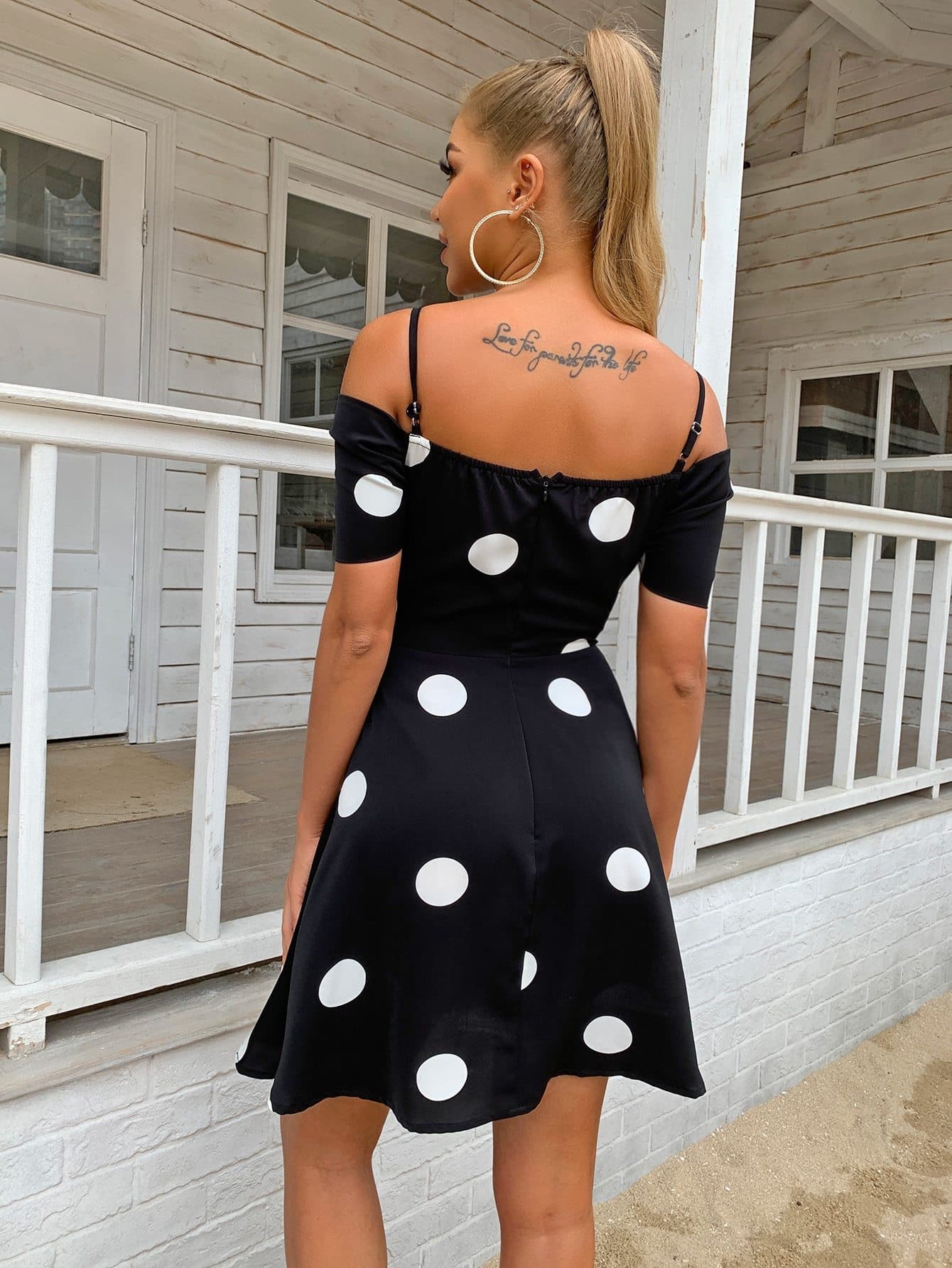 Black Cold Shoulder Polka Dot High Waist Mini Dress