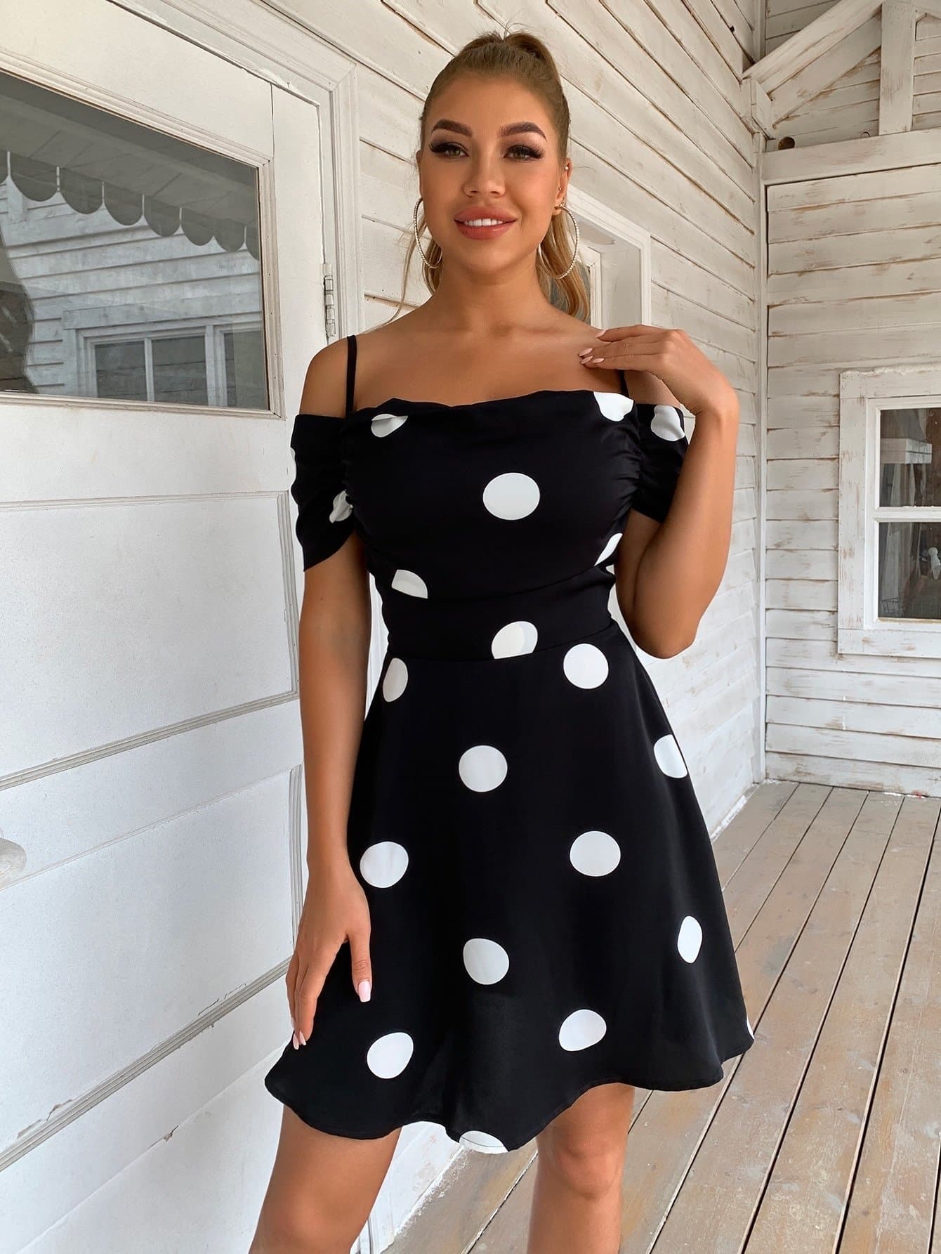 Black Cold Shoulder Polka Dot High Waist Mini Dress