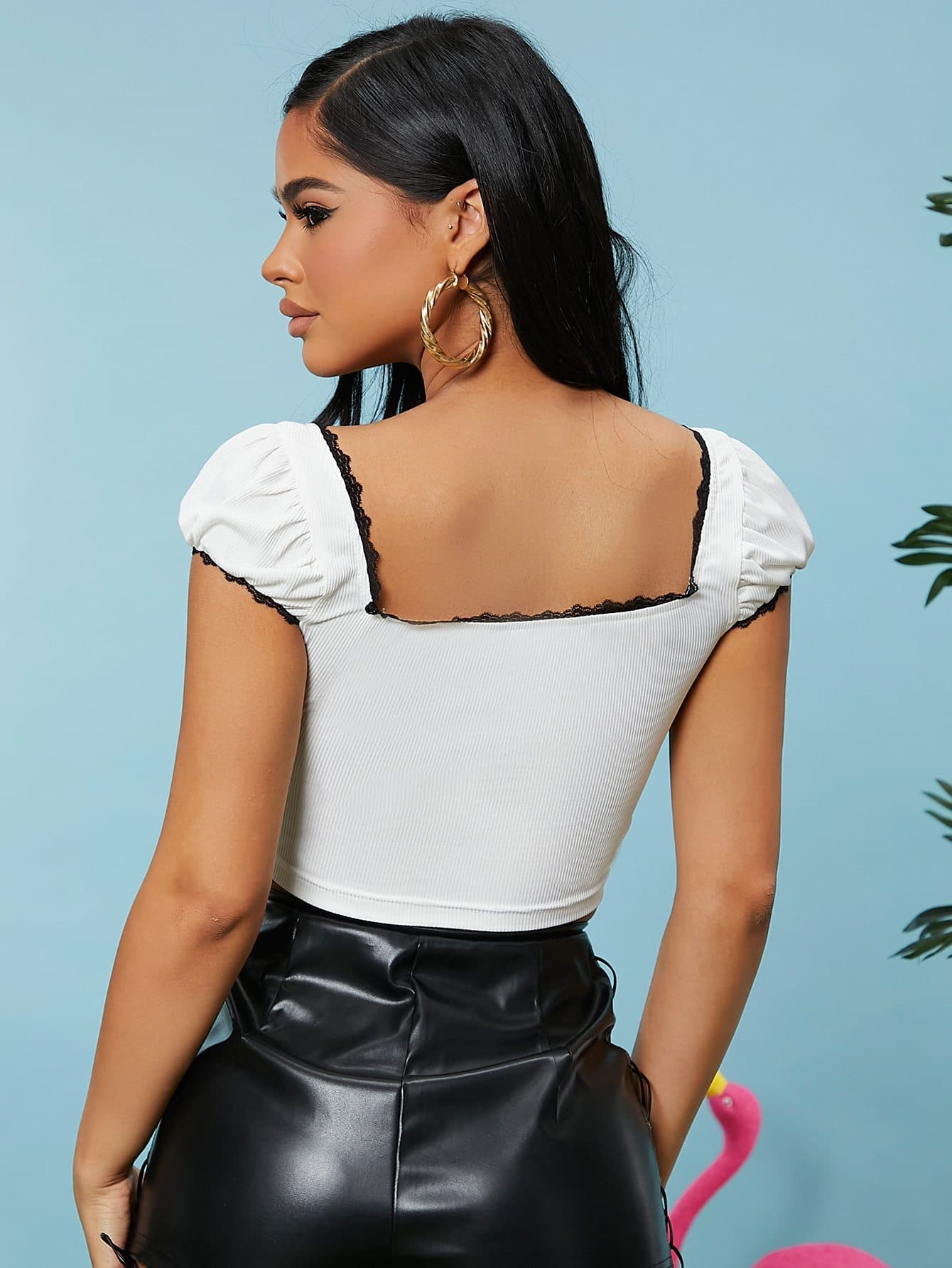 White Square Neck Puff Sleeve Lace Edge Rib-knit Crop Top