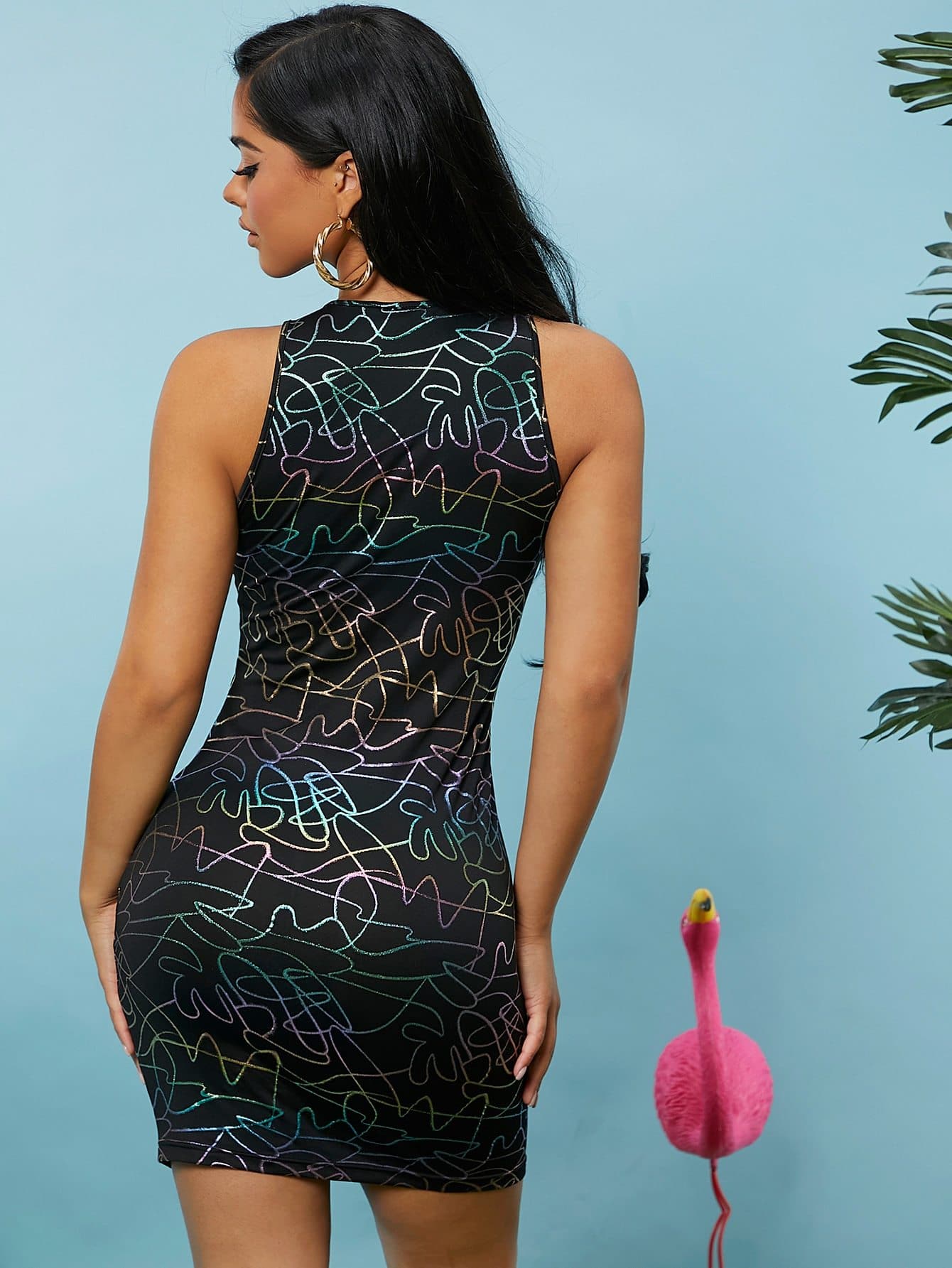 Black Round Neck Graphic Print Sleeveless Slim Fit Dress