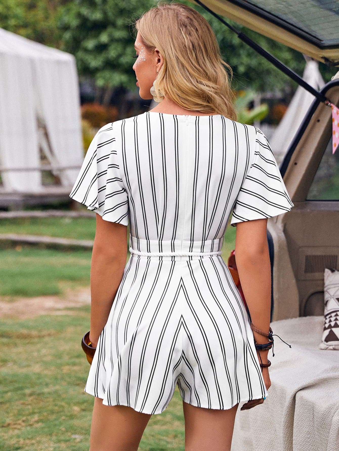 White Deep Neck Butterfly Sleeve Self Belted Striped Romper