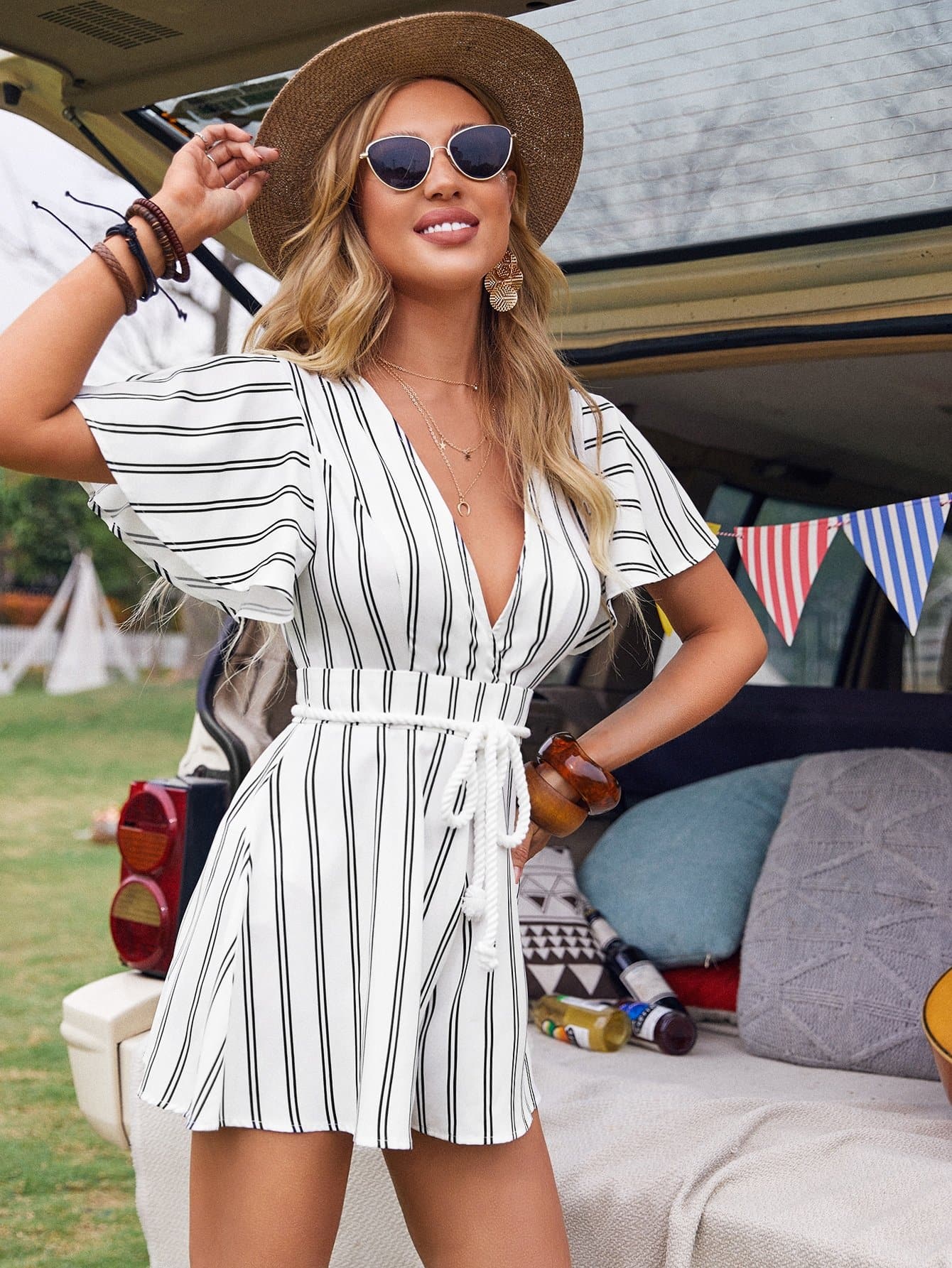 White Deep Neck Butterfly Sleeve Self Belted Striped Romper
