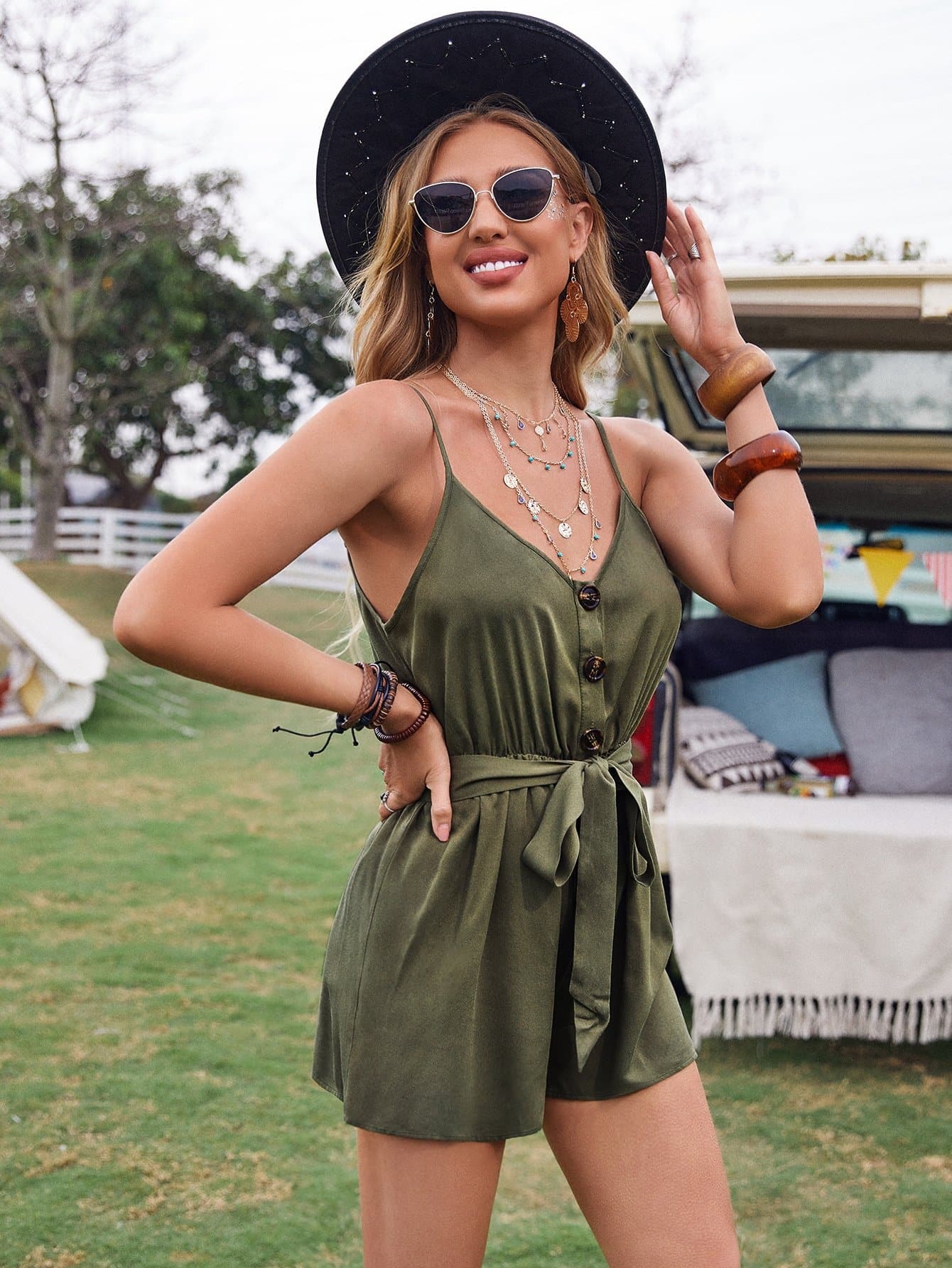 Army Green Sleeveless Button Front Self Belted Cami Romper