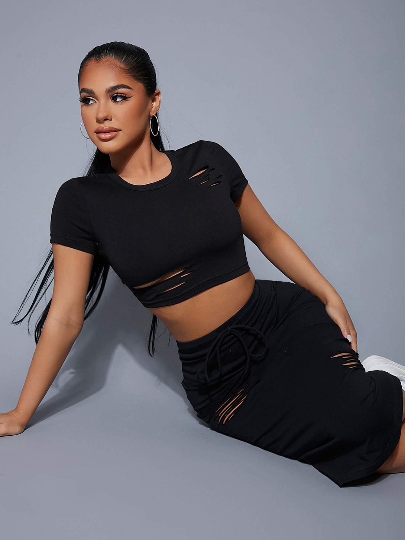Black Round Neck Ripped Slim Fit Crop Top