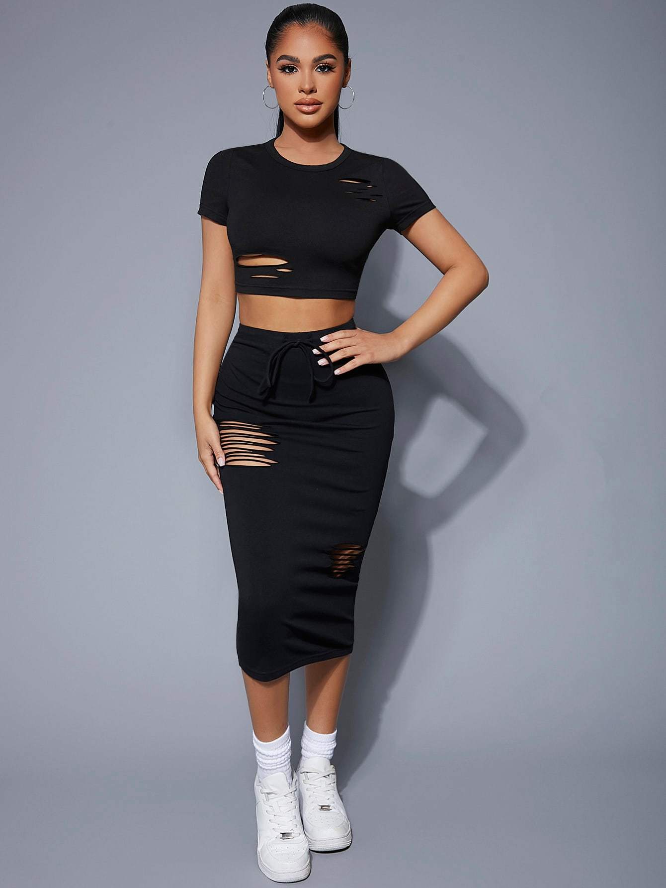 Black Round Neck Ripped Slim Fit Crop Top